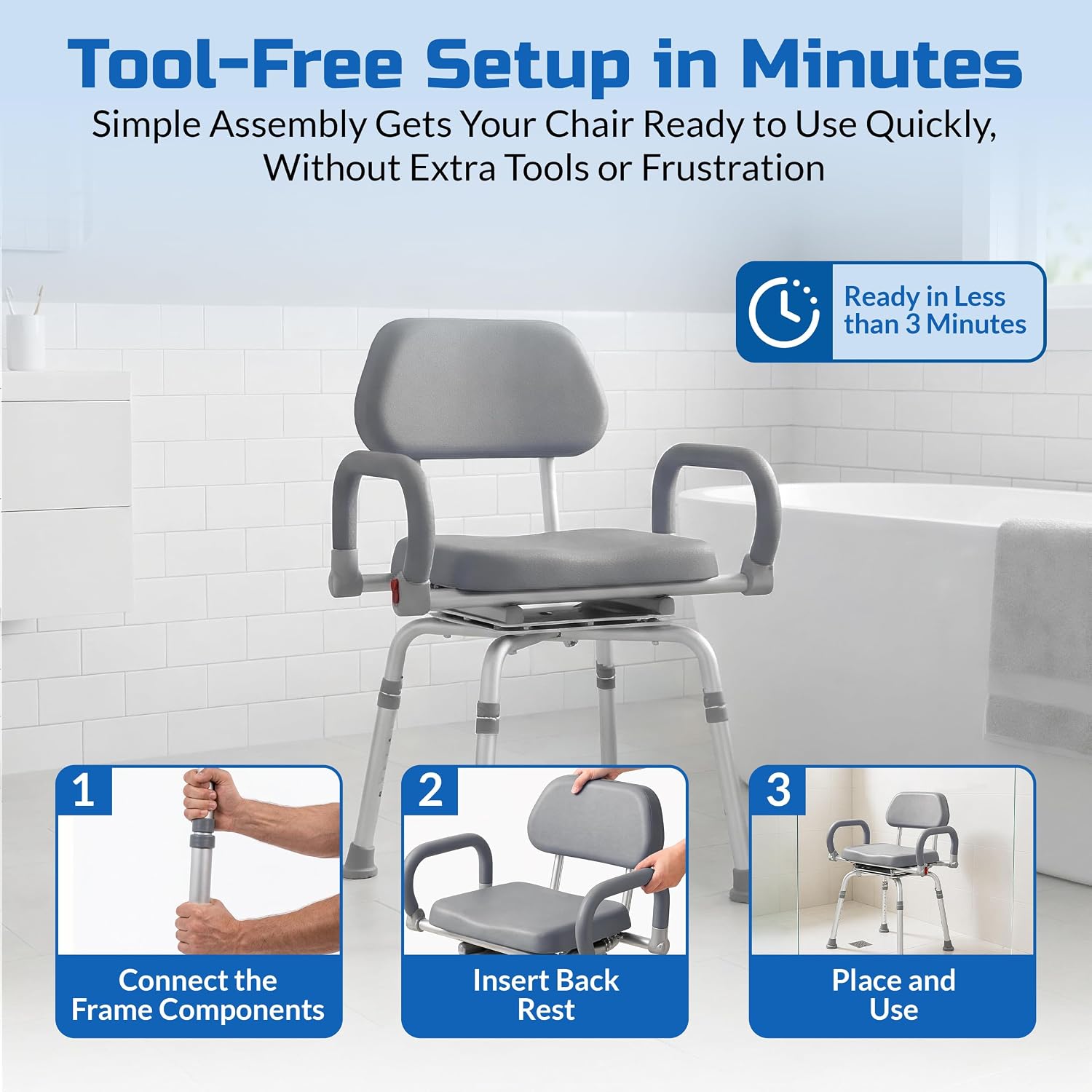 Swival Shower Chair with Padded seat for Inside ShowerFor Senior, Bath Seat | Sit Securely While Bathing - Blue, padded seat, padded armrests, swivel seat, tool-free assembly, 600 lb