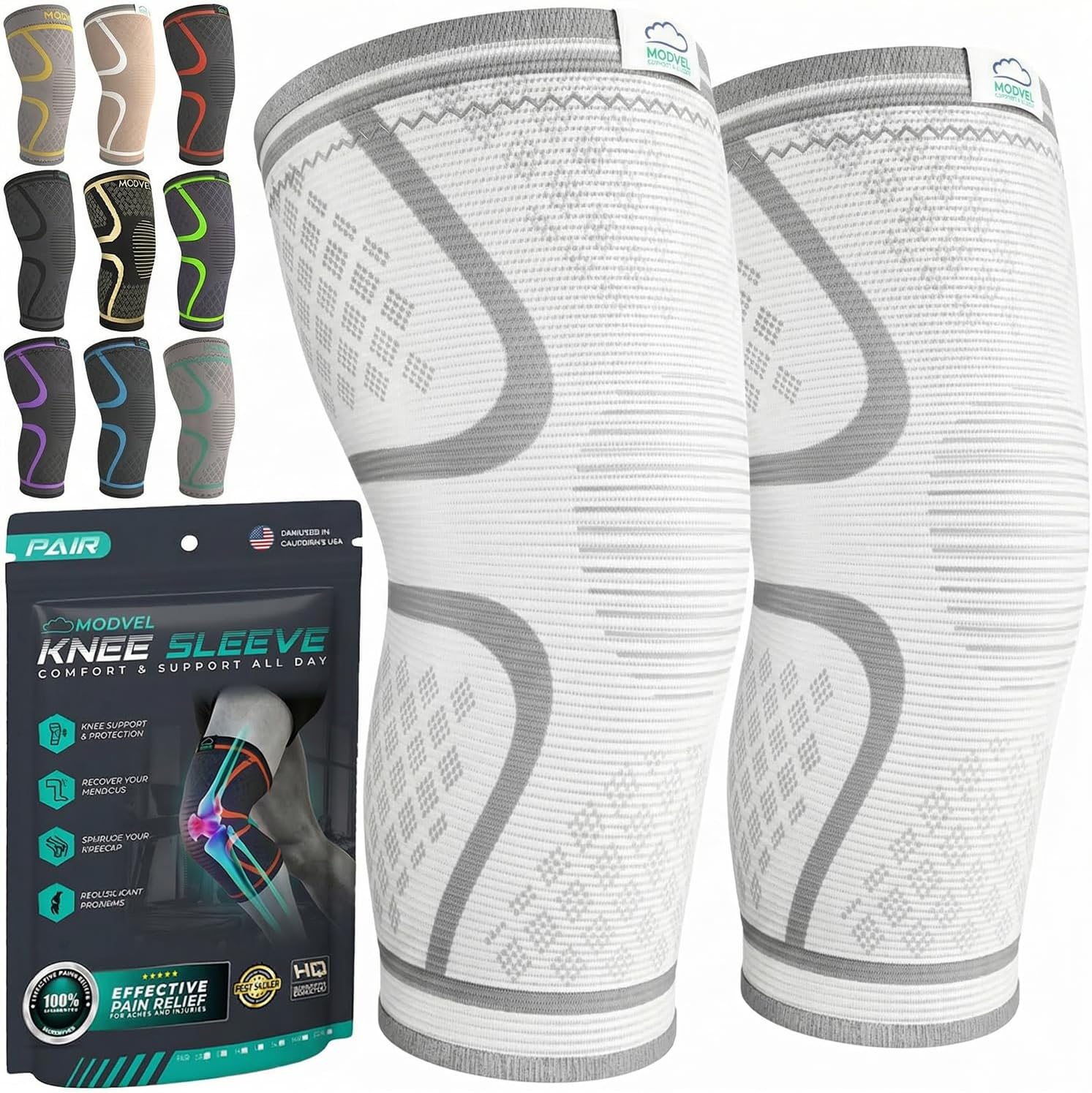 Modvel Compression Knee Brace for Women & Men - 2 Pack Knee Brace for Women Running Knee Pain, Knee Support Compression Sleeve