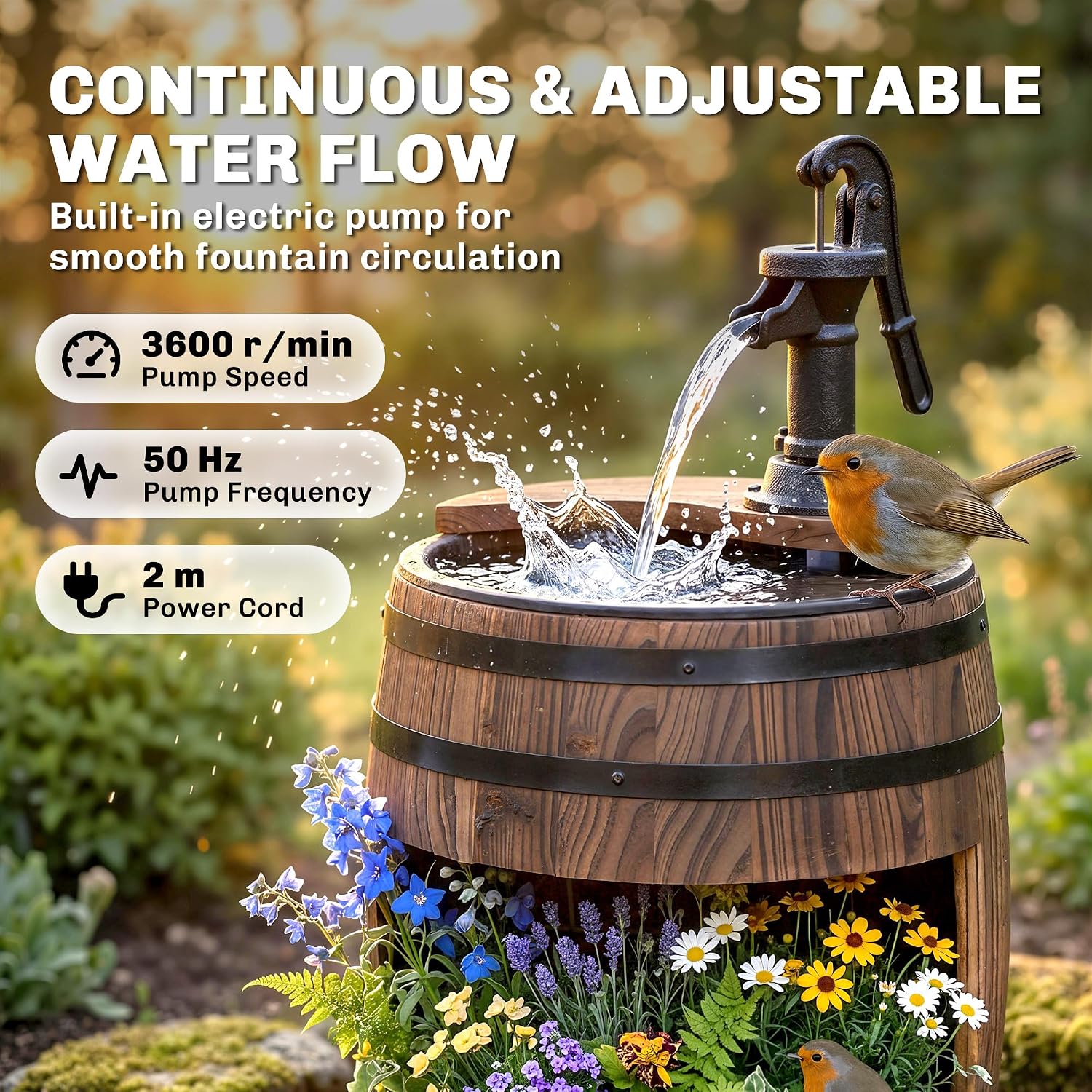 Outsunny 23" H Outdoor Water Fountain Wood and Plastic Rustic Apple Barrel | Pump, Garden Decor, Outside Backyard