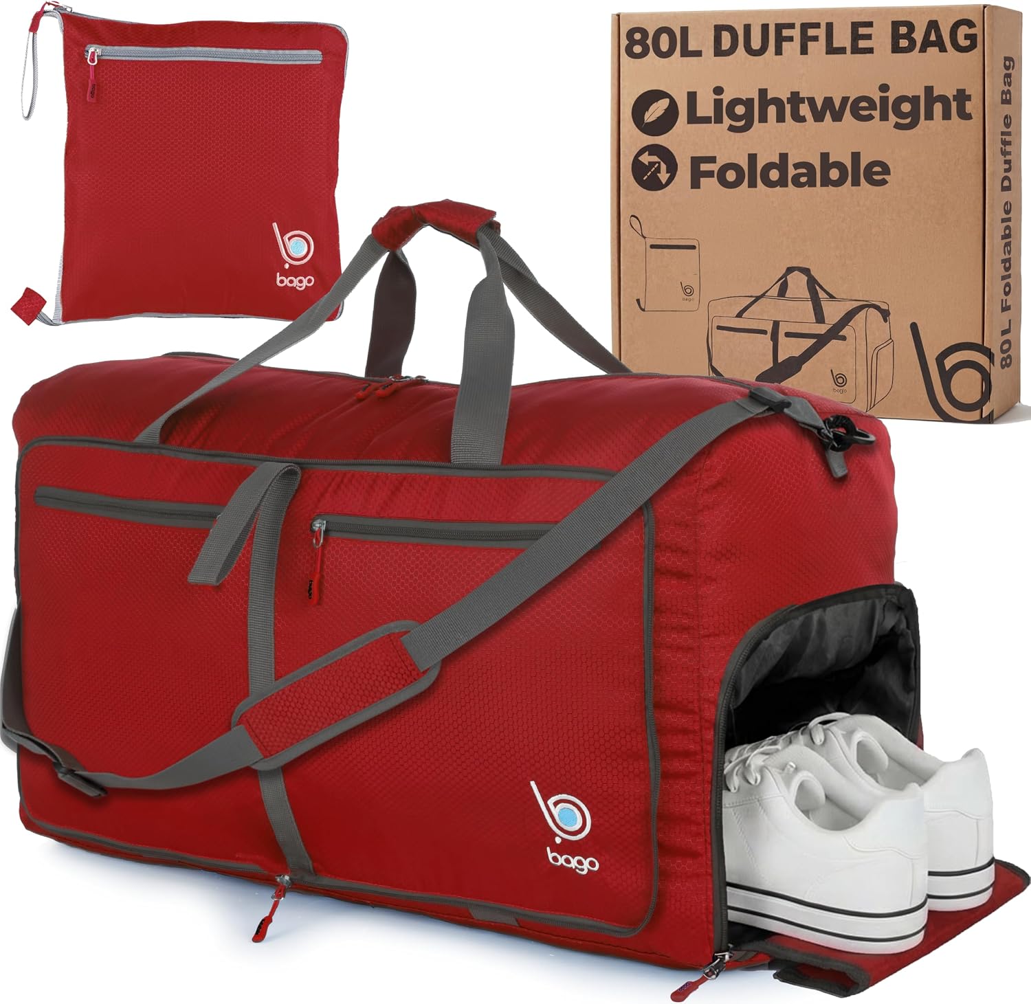 Bago Large Duffle Bag for Travel Women & Men. Durable Lightweight Foldable Travel Duffel Bags For Traveling Women. 80L Duffle Bags For Overnight Bag With Shoe Compartment Collapsible Weekender duffel
