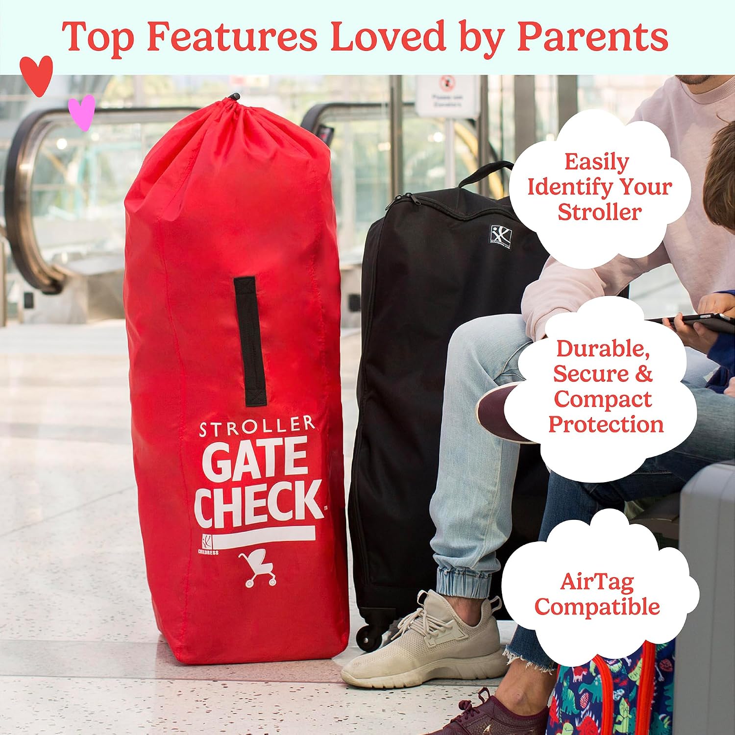 J.L. Childress Gate Check Bag for Umbrella Strollers - Travel Bag for Airplane, Fits Most Single Umbrella Baby Strollers, Airport Accessories for Gate Check, Flying Essentials - Red