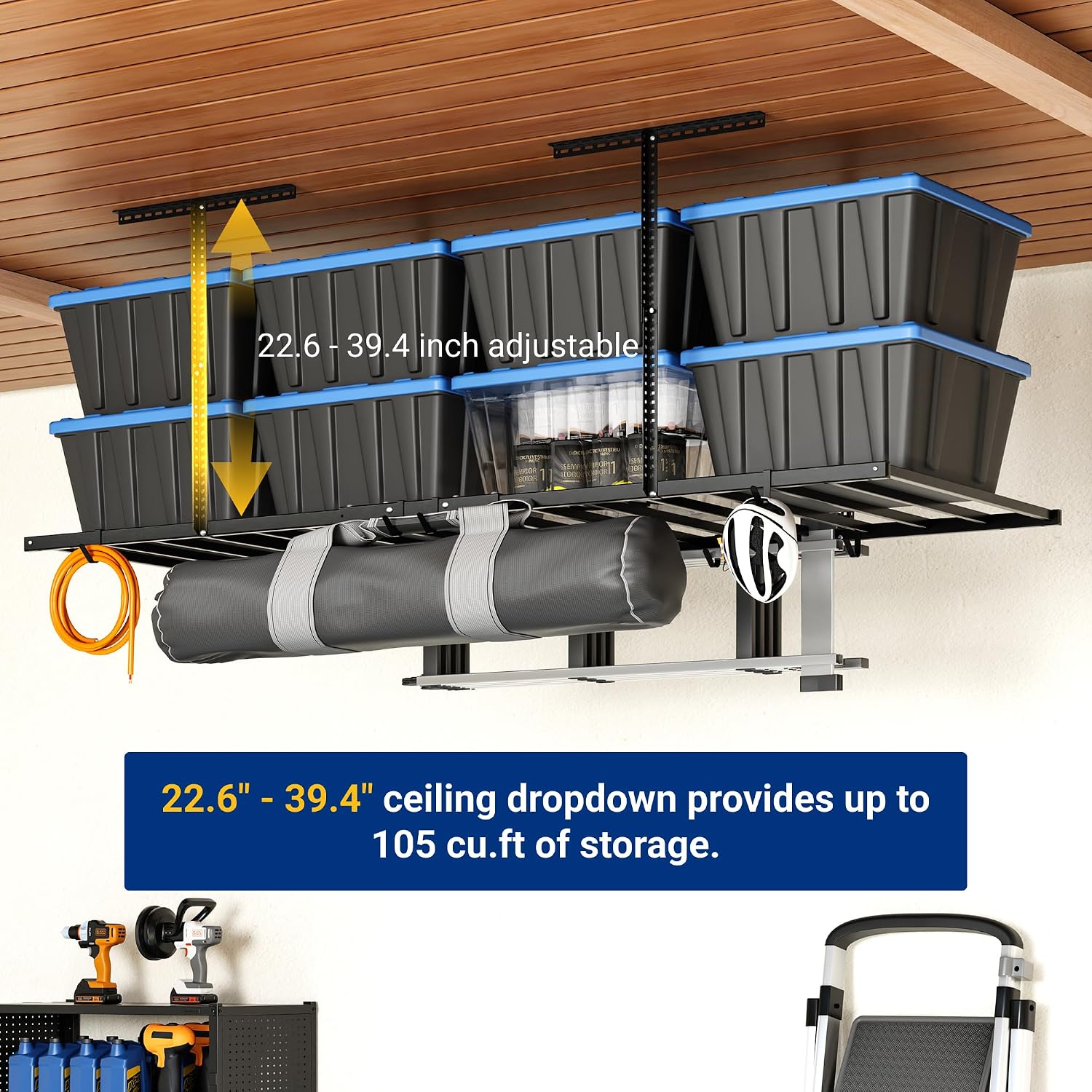 FLEXIMOUNTS 4x8 Overhead Garage Storage Rack, Without Decking, Black