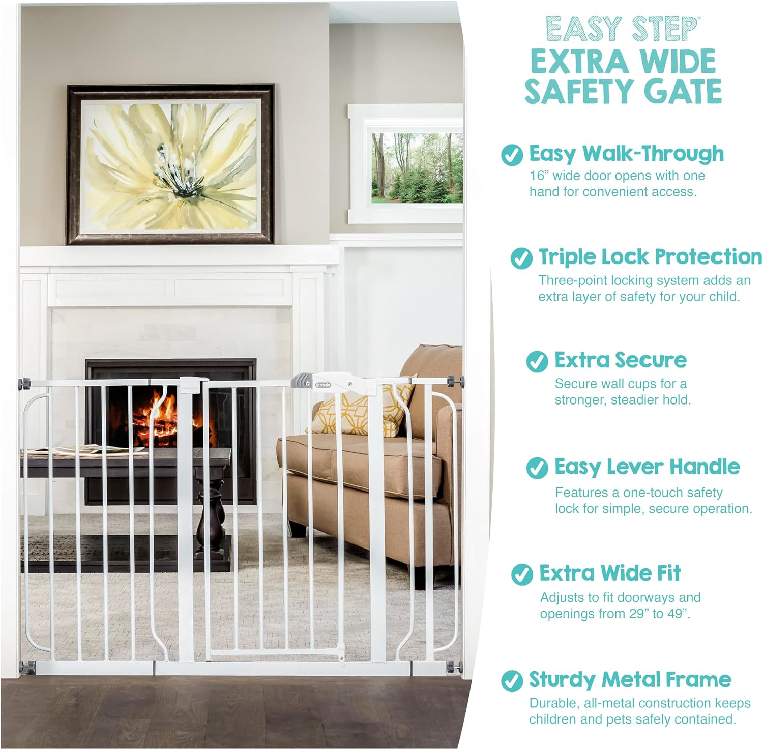 Regalo Safety 29"-49" Extra Wide Baby Gate, Bottom of Stairs & Doorways | Pressure Mounted with Door, For Babies, Toddlers & Pets, White, Tested & Trusted for 30 Years