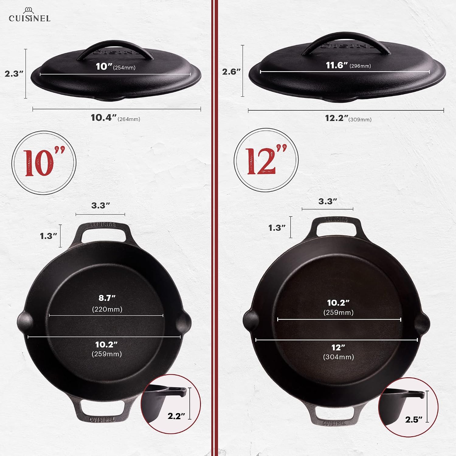 Cuisinel Cast Iron Skillet with Lid - 10"-Inch Pre-Seasoned Frying Pan + Glass Cover + Heat-Resistant Handle Holder - Indoor/Outdoor Use - Grill, Stove, Camp Firepit, Induction - Oven Safe Cookware