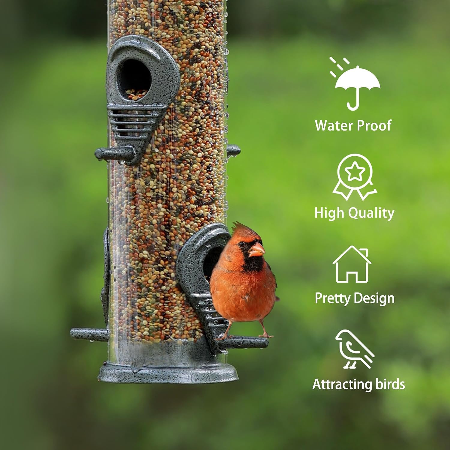 MIXXIDEA 1PK Metal Bird Feeders with 6 Feeding Ports, Tube Bird Feeder with Steel Hanger, Hard Plastic Wild Bird Feeder for Outdoors Hanging