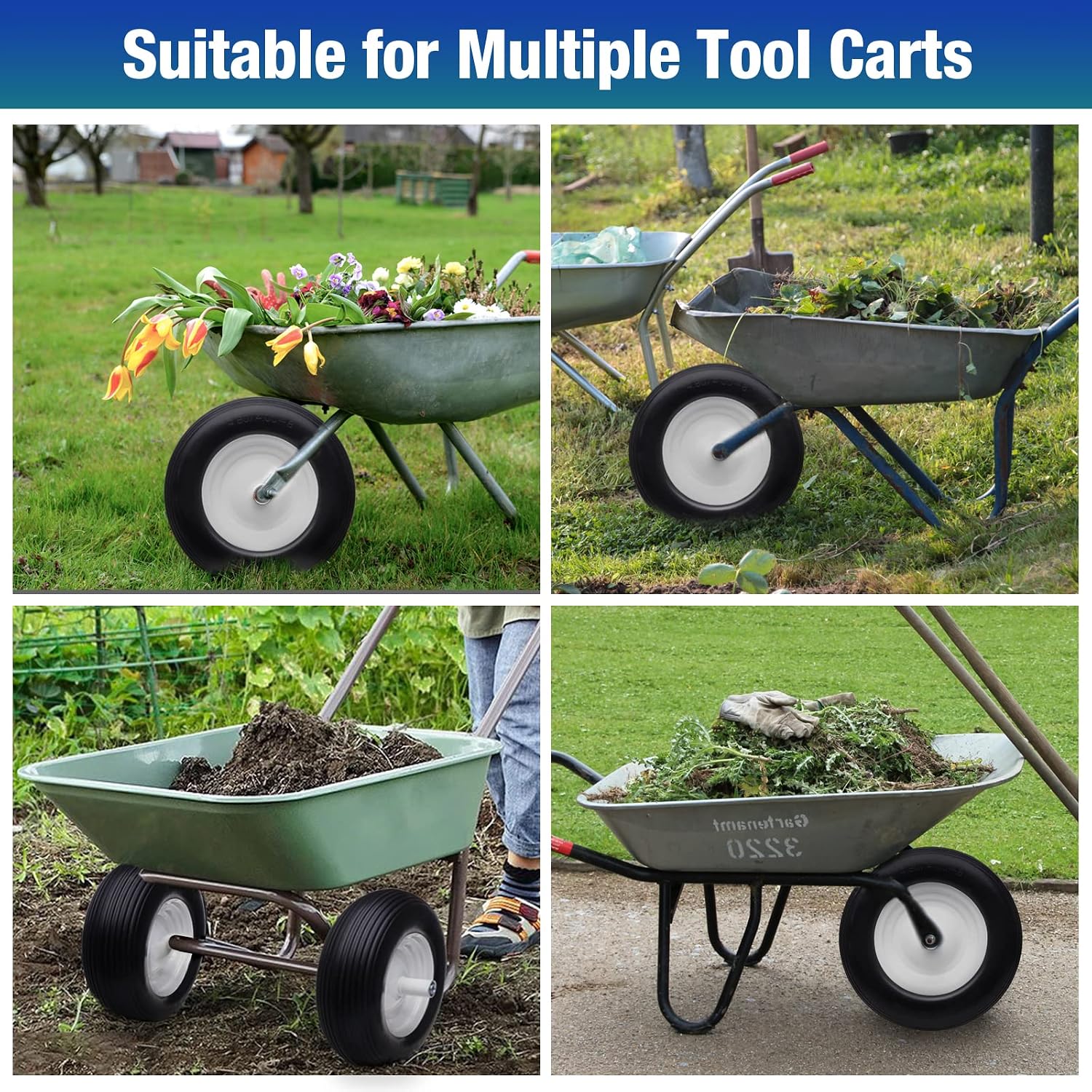 16" 4.80/4.00-8 Flat Free Solid Polyurethane Tire and Wheel with 2Pcs 3/4" Bearing, 1 Pack PU Airless Tires with 5/8" Ball Bearings 6" Iron Hub for Hand Truck/Tool Cart/Garden Carts, 1 Pc