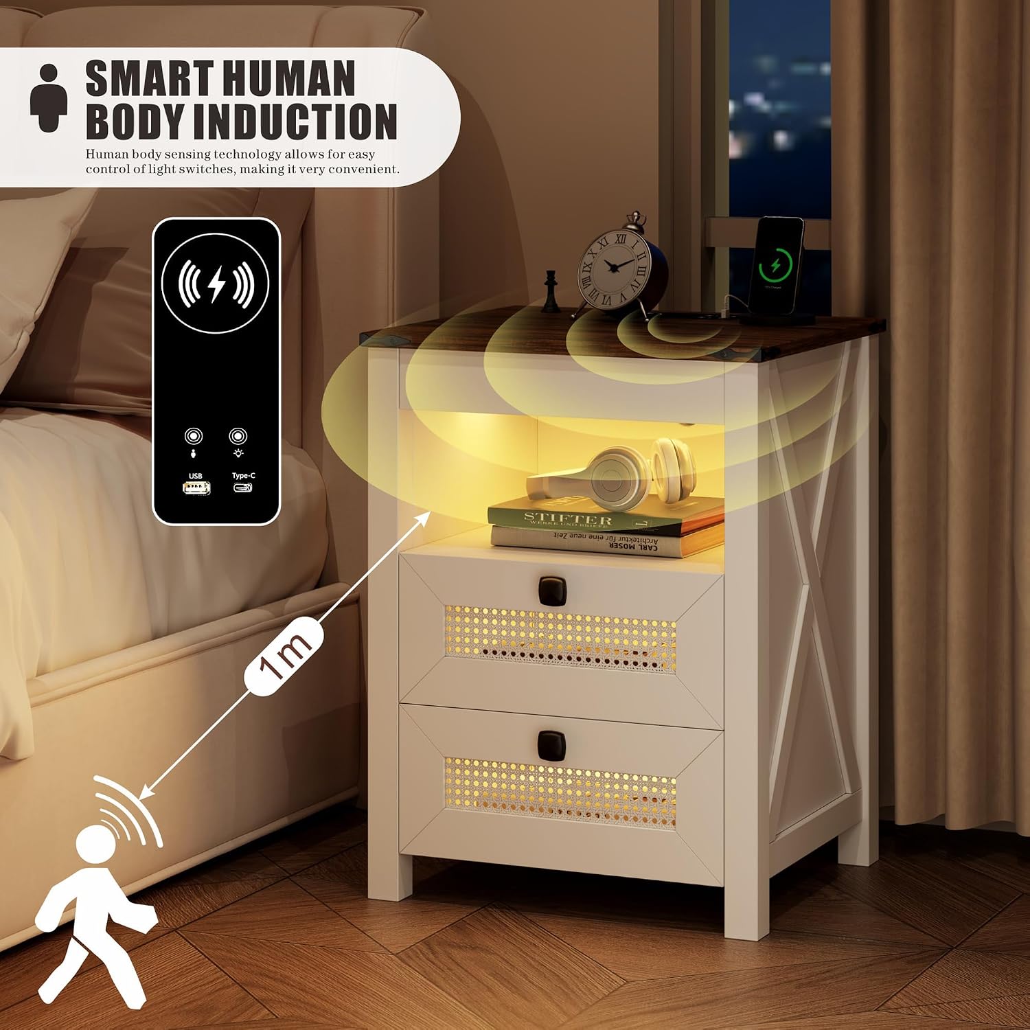LED Night Stand with Gun Drawer & Charging Station | Human Sensor Lights, Hidden Storage, Farmhouse Rattan Style, 3 Drawers, Bedside Table for Bedroom, End Tables Livingroom