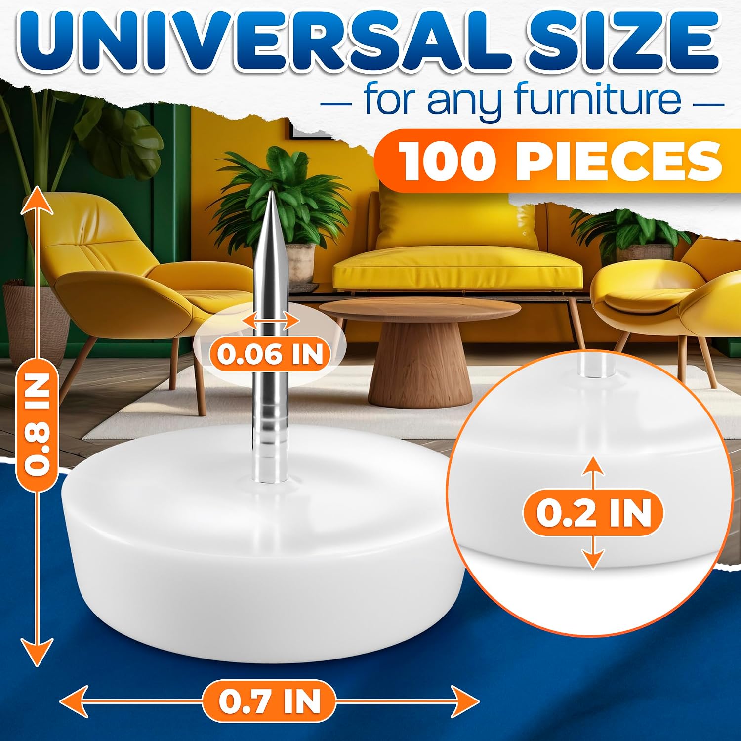 100 Pcs Nail in Furniture Glides, 0.8"x0.7" (20.3 x 17.8mm), Nylon (White) | Furniture Feet for Hardwood Floor, Steel Nail Hold Stays Put