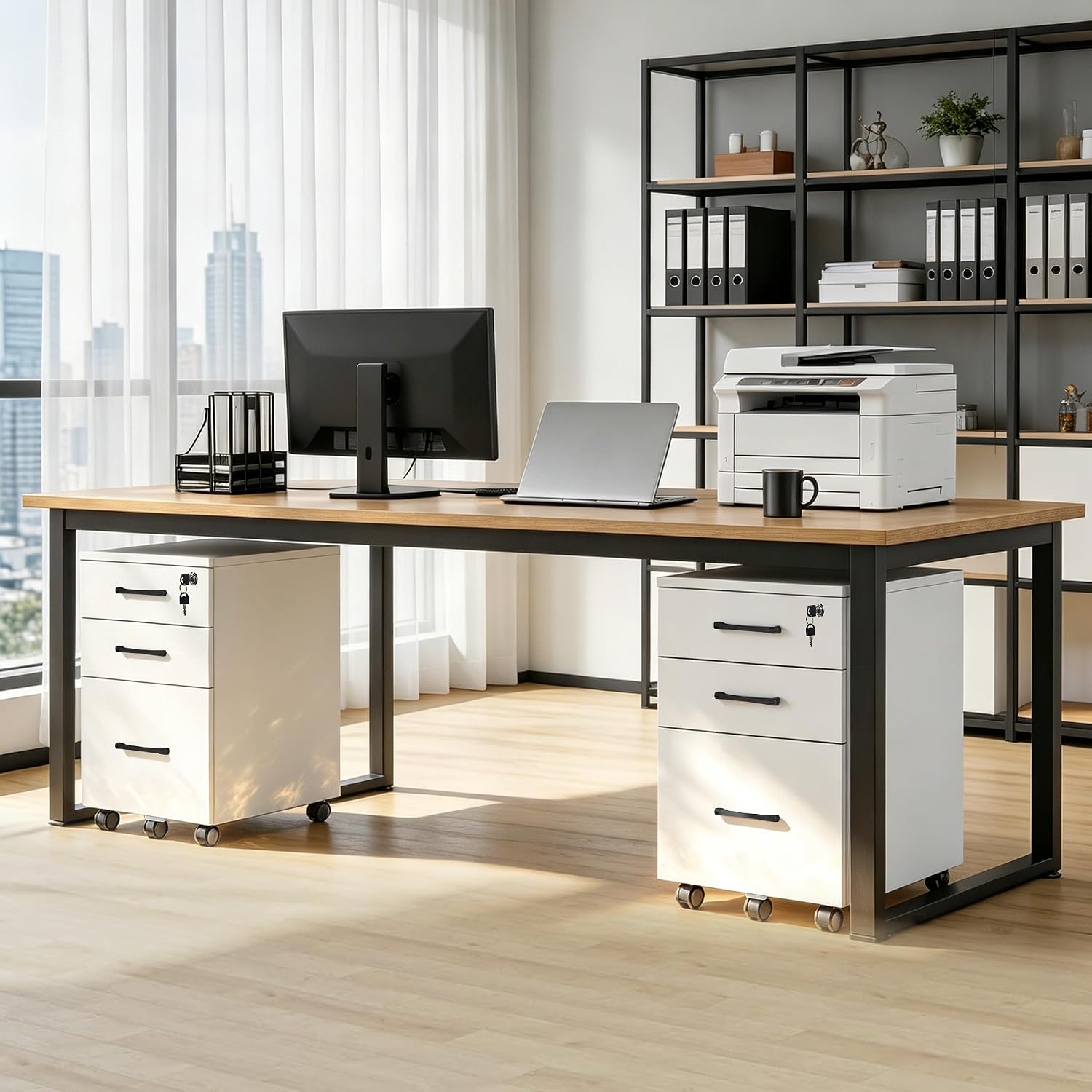 File Cabinet With Lock, 3 Drawer Wood Rolling Filing Under Desk for Home Office, Storage Fits Letter/A4 Size, Mobile Printer Stand, White