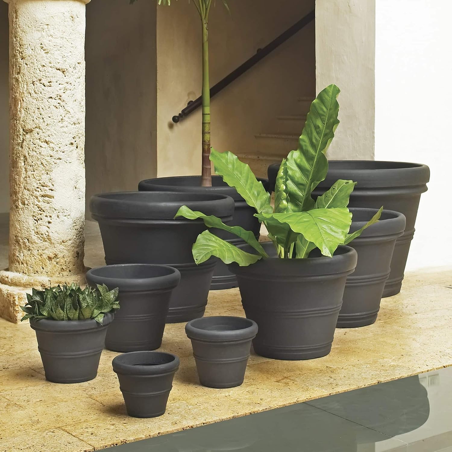 Crescent Garden Brunello Classic Gray Rolled Rim Planter Pot, Lightweight Indoor/Outdoor Weather-Safe Round Plant Pot, 27''W (Weathered Concrete)