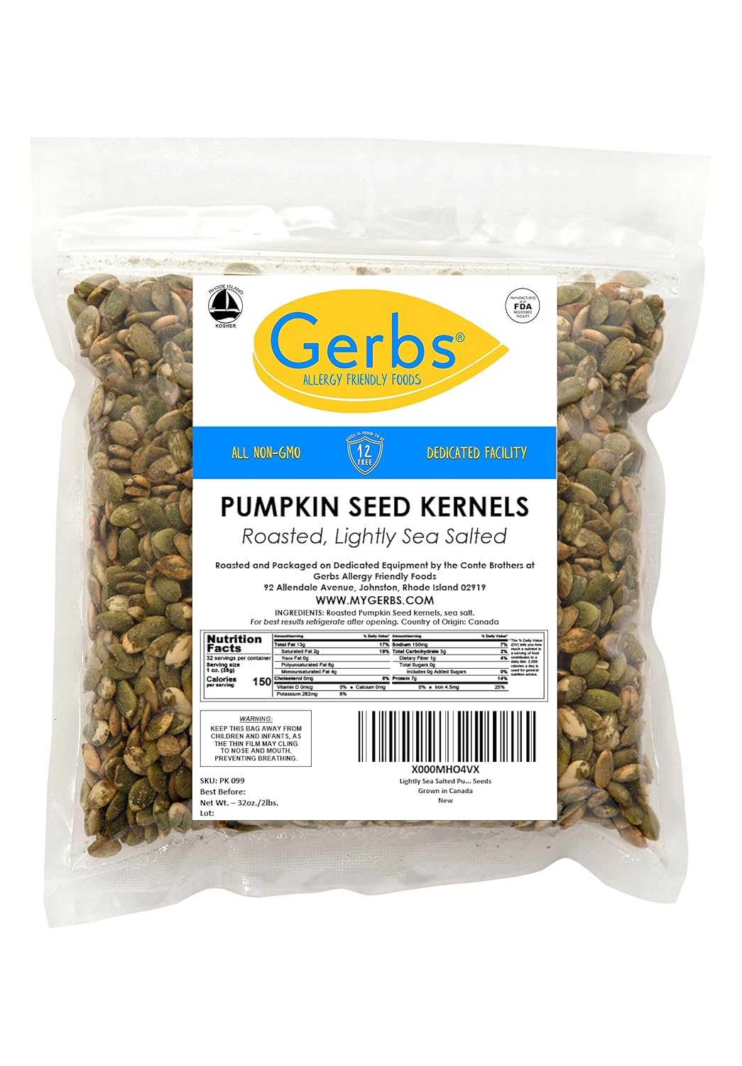 GERBS Unsalted Pumpkin Seed Kernels 4 LBS|Top 14 Allergy Free Food |Use in salads, yogurt, bake, oatmeal, trail mix|Grown in Canada, packed in US | Canadian Grown, No Additives | Naturally Crunchy & Mildly Nutty | Top 14 Allergen-Free