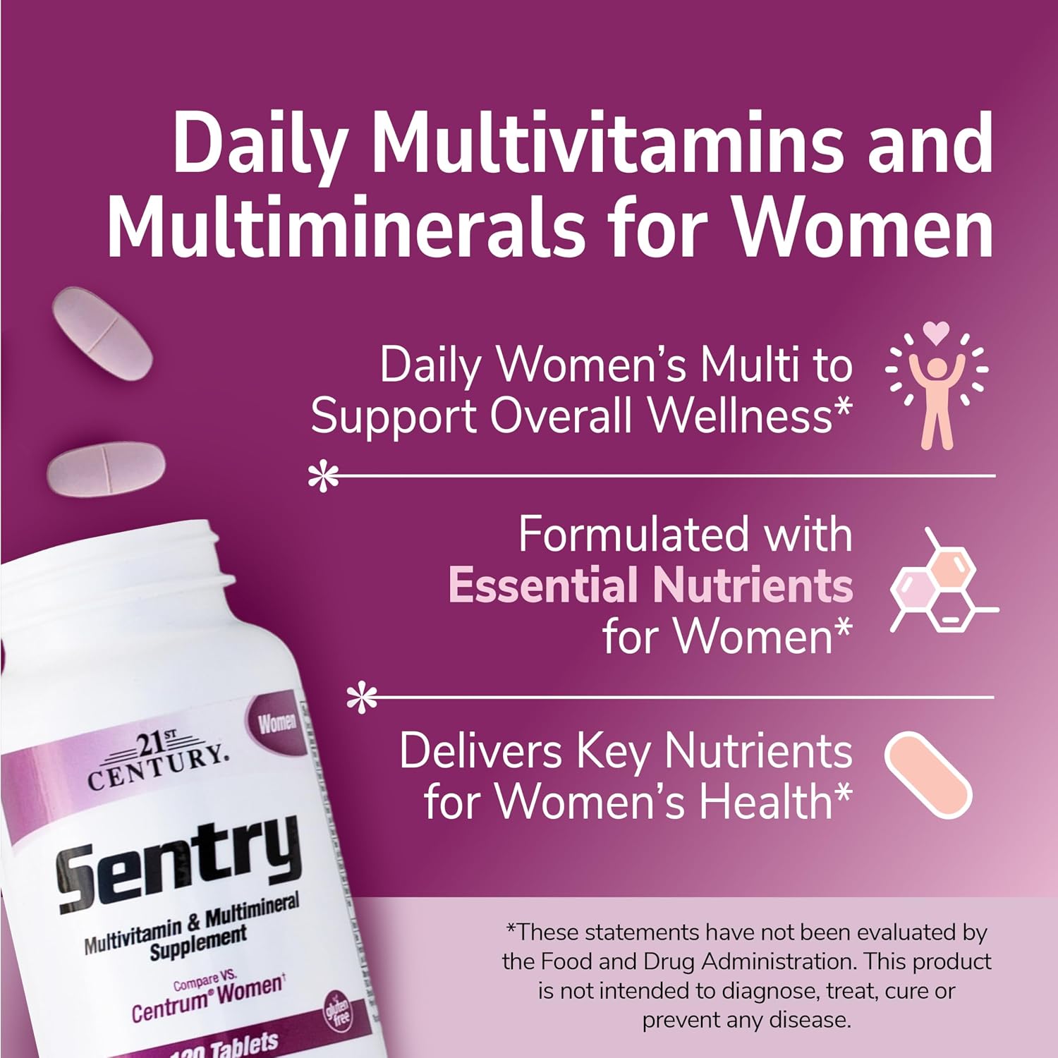 21st Century Sentry Women Multivitamin with Iron & Calcium, 120 Count | Complete Women's Multivitamin & Multimineral with Iron, Compare VS. Centrum® Women, Daily Energy, 120-count 4-month Supply