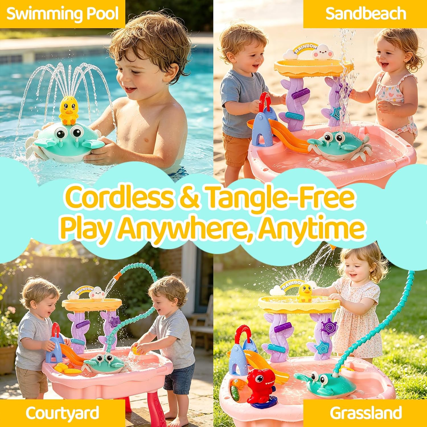 2026 Upgrade Water Table Pump, Rechargeable Crab Water Pump for Kids, Battery Powered 3 Modes Spray 2 Flow Settings, Continuous Flow 8 Hours