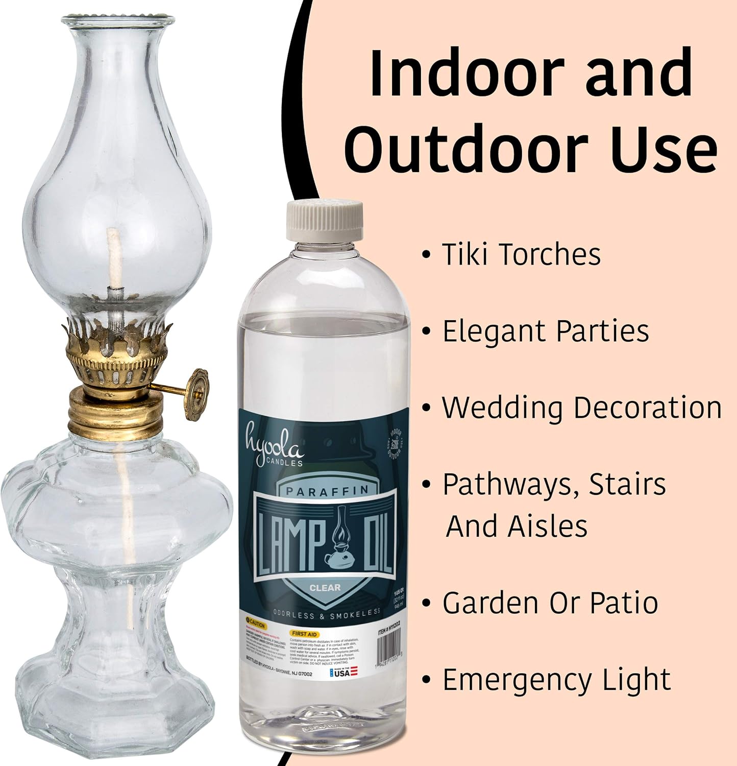 Hyoola Liquid Paraffin Lamp Oil - Clear Smokeless, Odorless, Ultra Clean Burning Fuel for Indoor and Outdoor Use - Highest Purity Available - 32oz