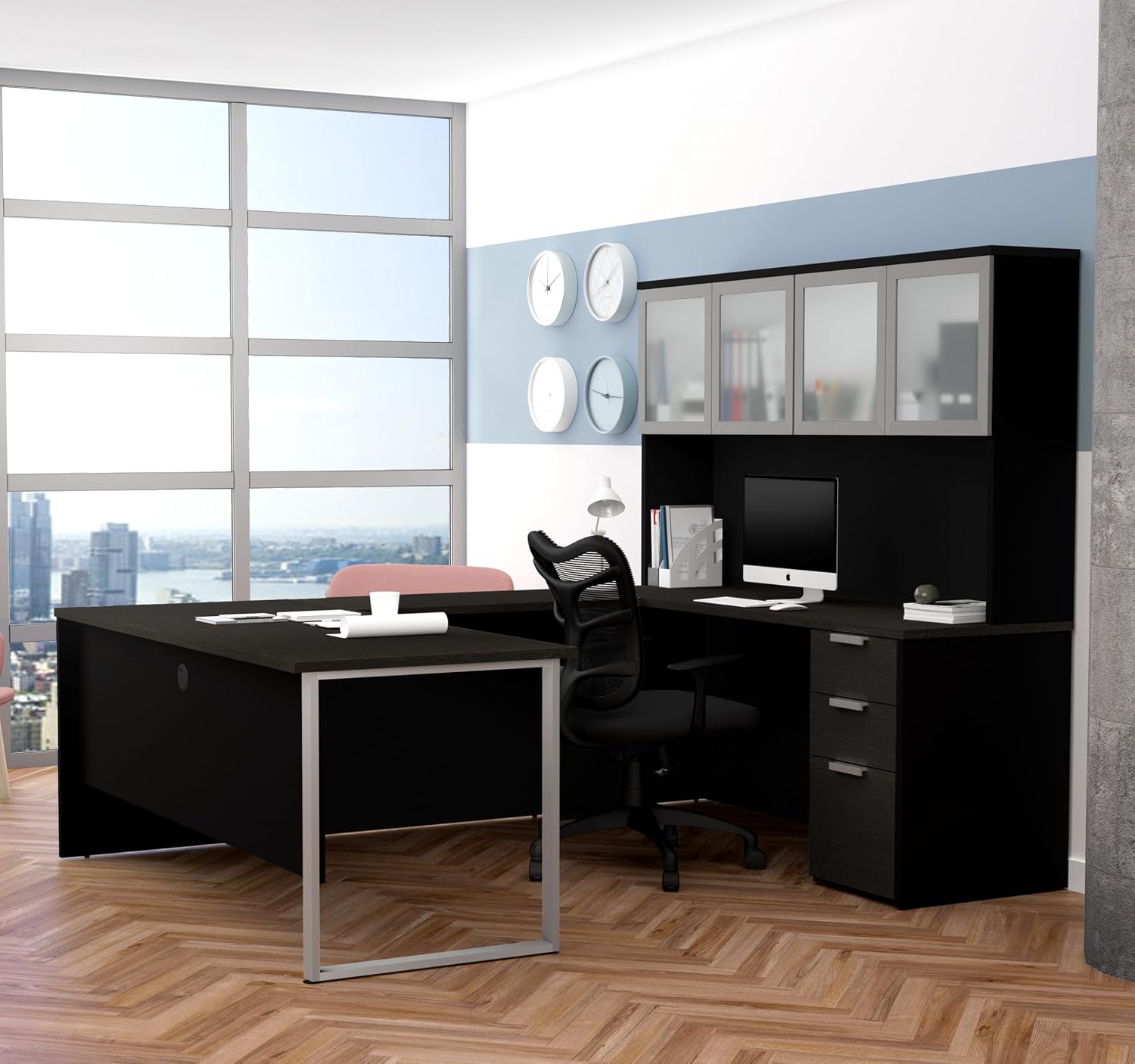 Bestar Pro-Concept Plus U-Shaped Executive Desk with Pedestal and Frosted Glass Doors Hutch