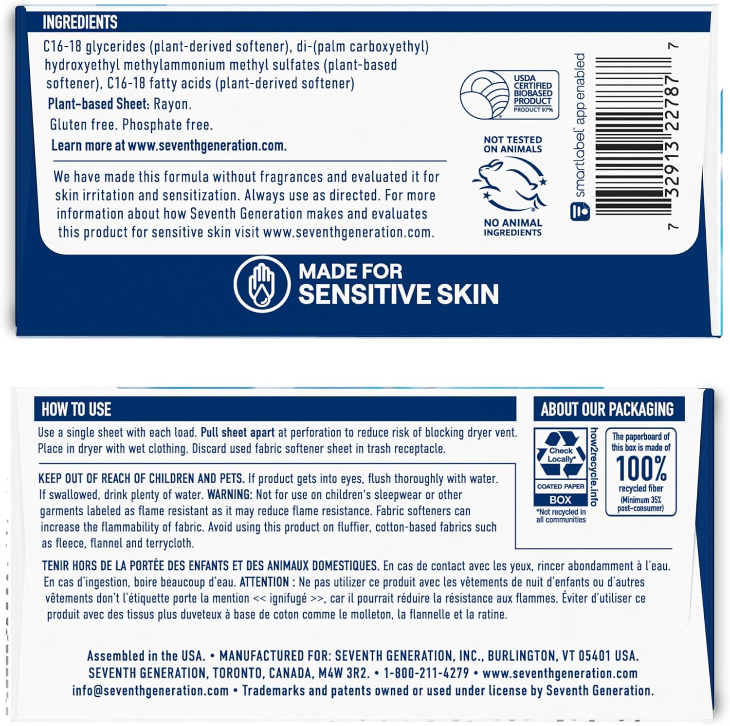 Seventh Generation Dryer Sheets Laundry Fabric Softener, Free & Clear Made for Sensitive Skin, 80 Sheets
