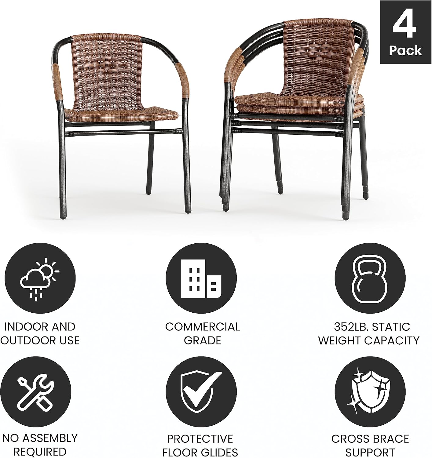 Flash Furniture Lila Modern Rattan Indoor/Outdoor Stackable Dining Chairs, Stacking Rattan Bistro Chairs for Patio or Restaurant, Set of 4, Brown | Commercial Grade, Indoor/Outdoor Use