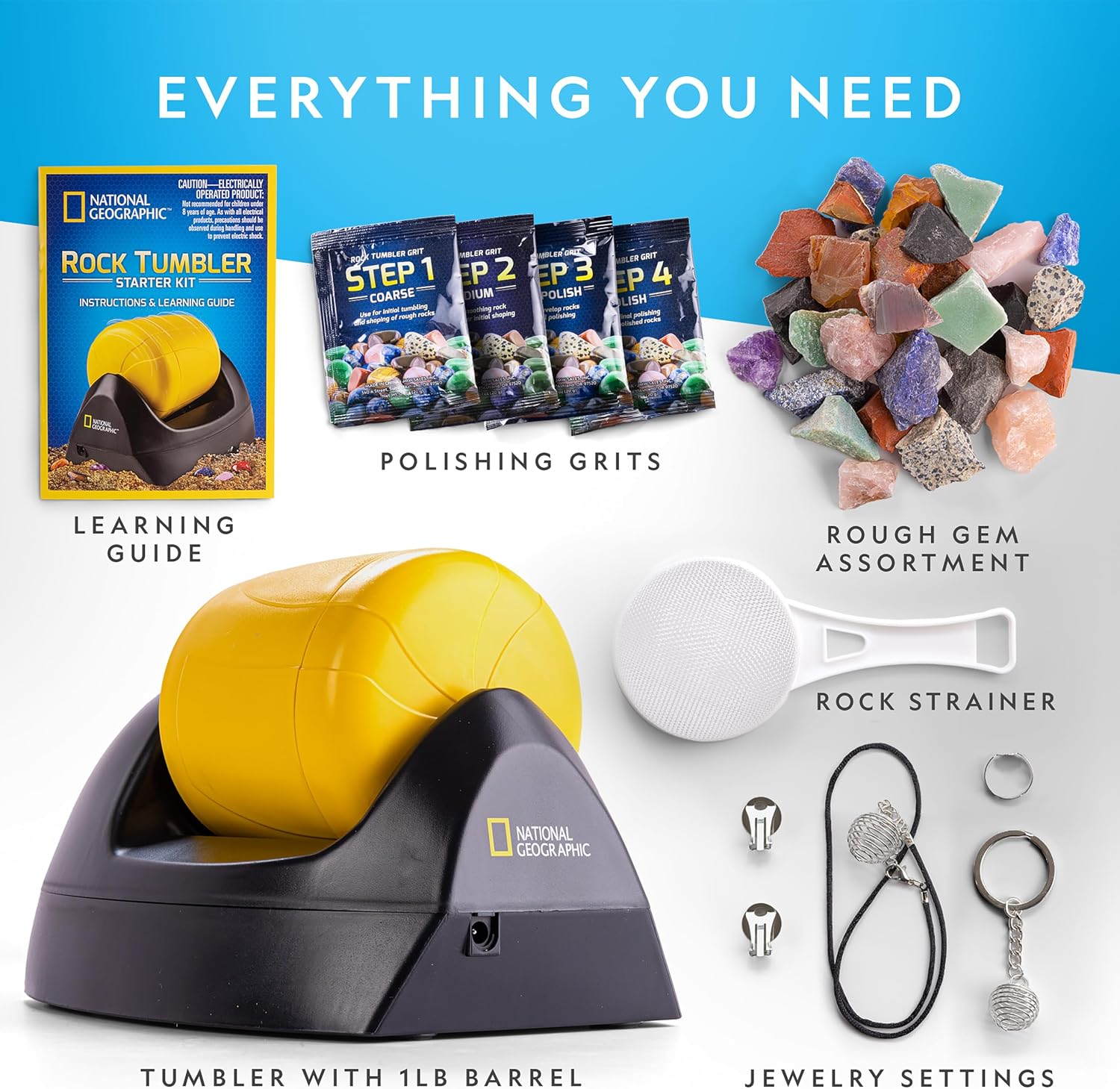 National Geographic Starter Rock Tumbler Kit for Kids and Adults | Leak-Proof Rubber Barrel, 1/2 Lb. Rough Gemstones, 4-Stage Polishing Grit