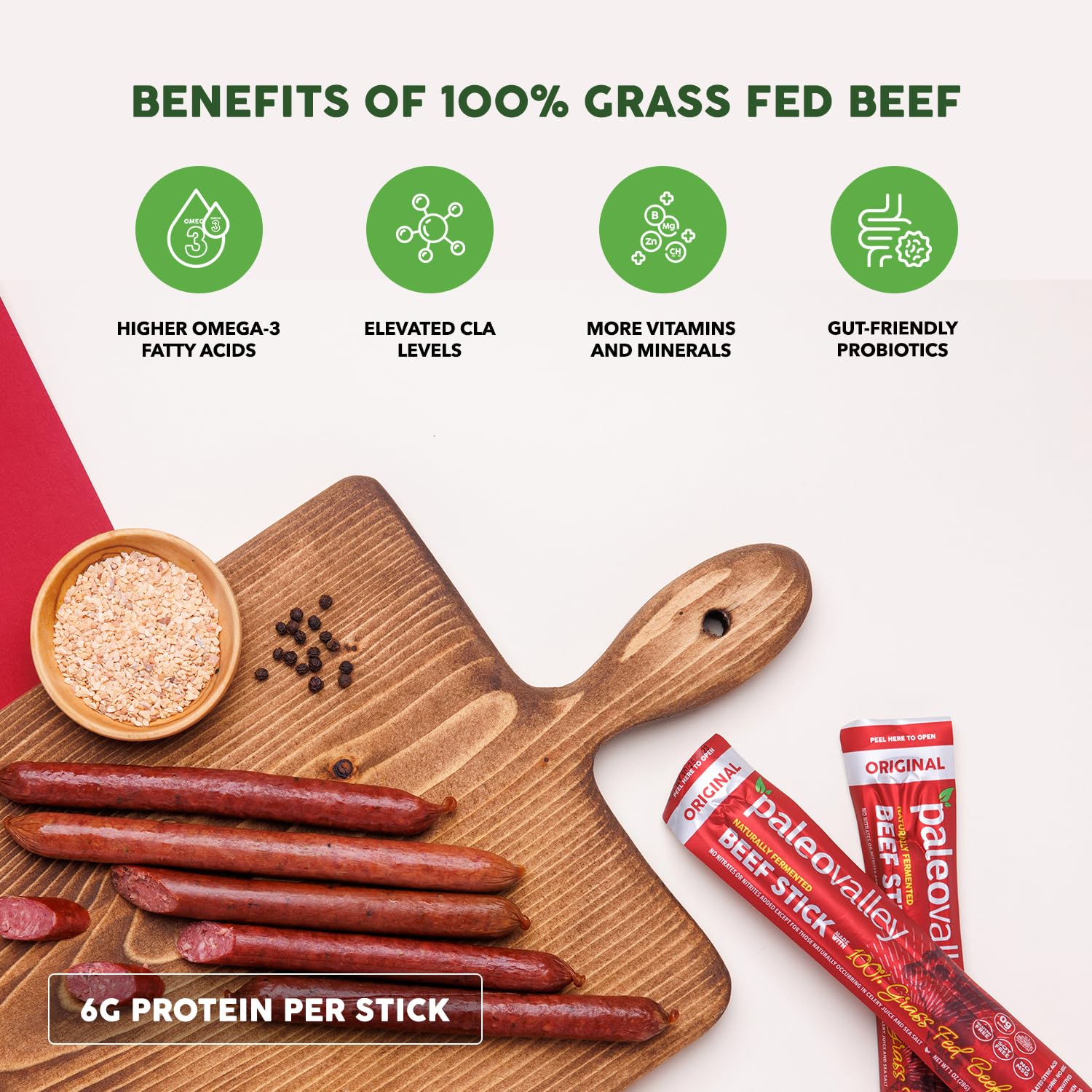 Paleovalley 100% Grass Fed Beef Sticks, Protein Snacks, Original | 10 Count, Individually Wrapped, Naturally Fermented, Gluten Free, Keto and Paleo, Made With Simple Ingredients, 6g Protein