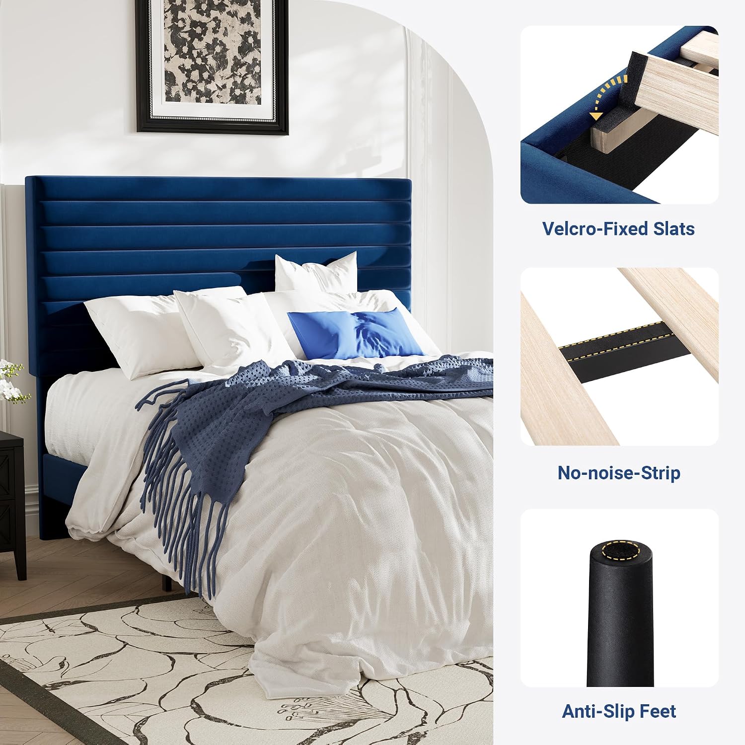 Allewie Queen Bed Frame, Velvet Upholstered Platform Bed with Adjustable Headboard, Horizontal Channel Design, Wood Slat Support, No Box Spring Needed, Noise Free, Easy Assembly, White