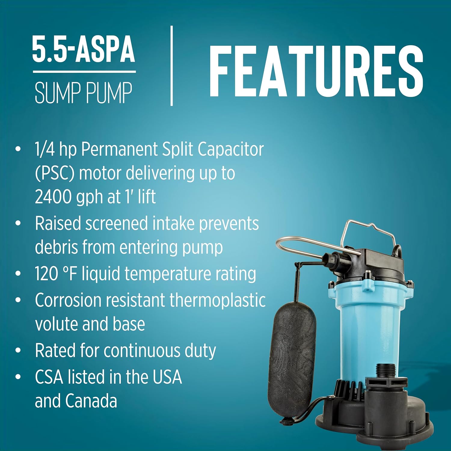 Little Giant 5.5-ASPA 115V, 1/4 HP Aluminum Automatic Sump Pump, 10' Cord | 2100 GPH, Submersible, Integral Snap Action Float Switch