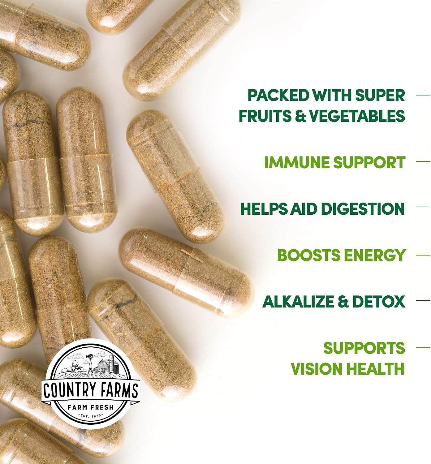 Country Farms Super Fruits and Veggies Capsules, Whole Food Supplement, Powerful Antioxidant, Supports Energy, Immune Health, Boosts Digestive Health, 30 Super Foods, 30 Servings