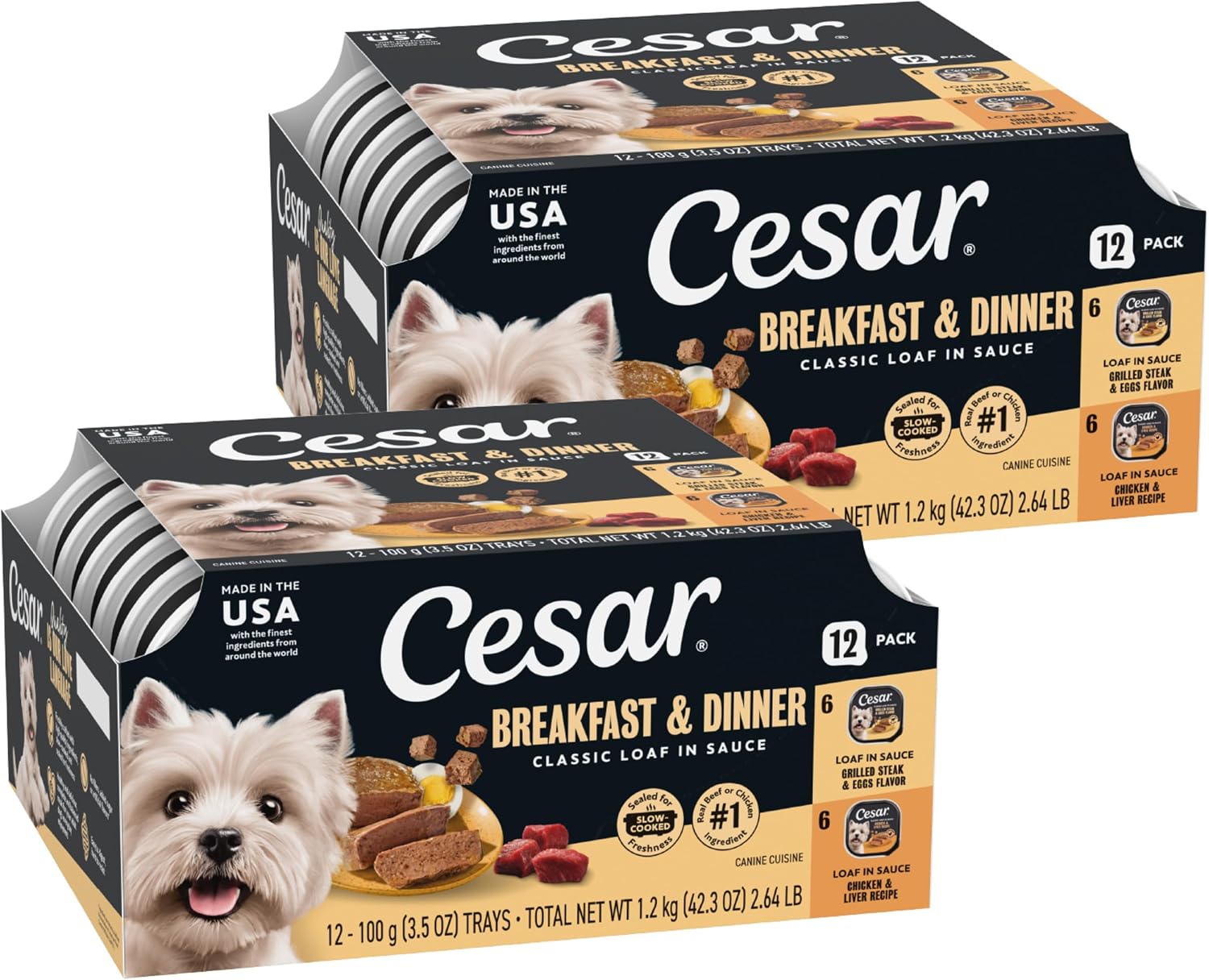 Cesar Classic Loaf Wet Dog Food, Meaty Selects, 3.5 oz, 12 Count, 2-Pack | Made in USA, Filet Mignon & Porterhouse Steak flavors, real beef #1 ingredient, no artificial flavors, easy peel trays