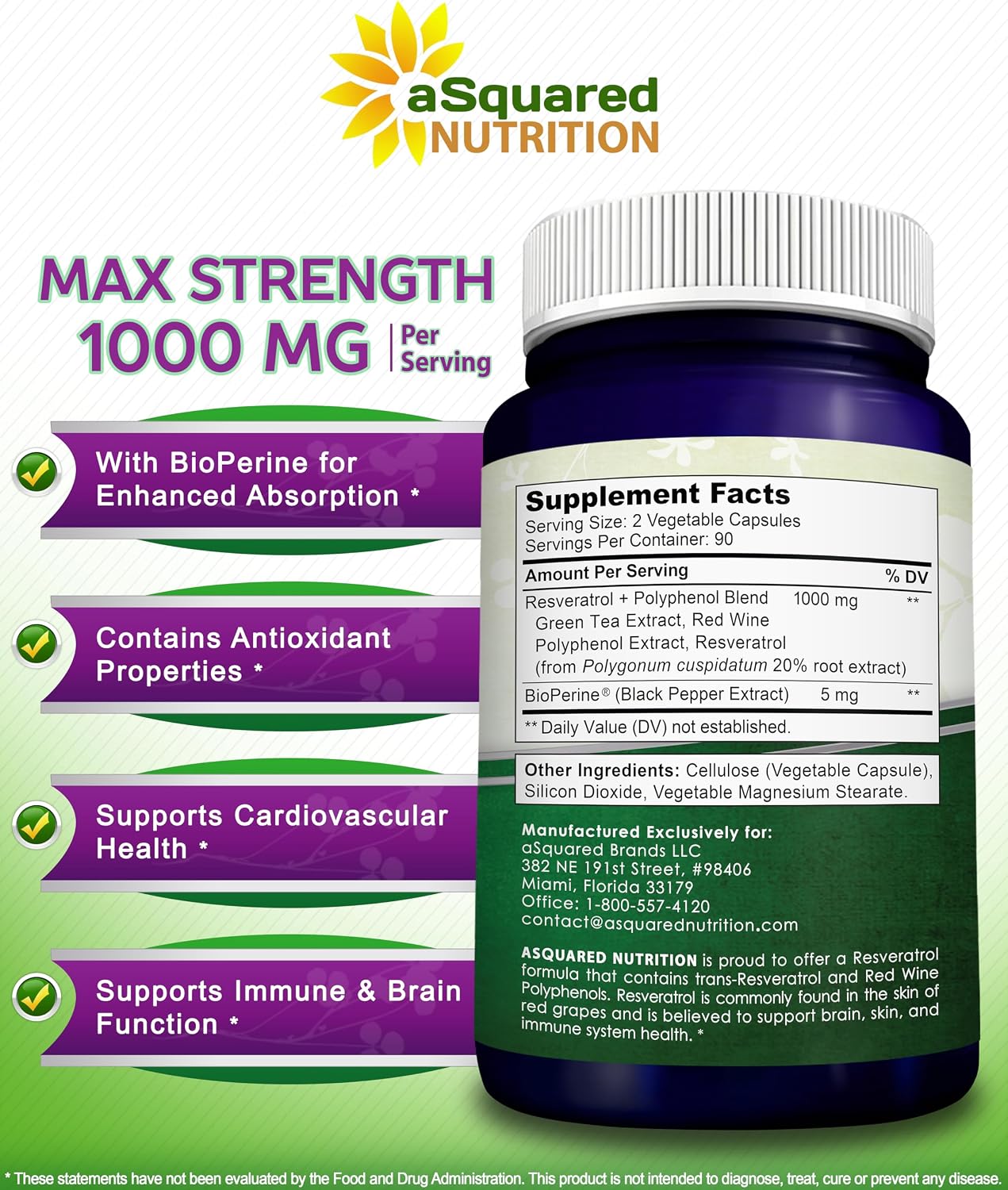 aSquared Nutrition Natural Resveratrol with Red Wine Extract - 180 Capsules - Trans Resveratrol Antioxidant Supplement Pills for Pure Heart Health
