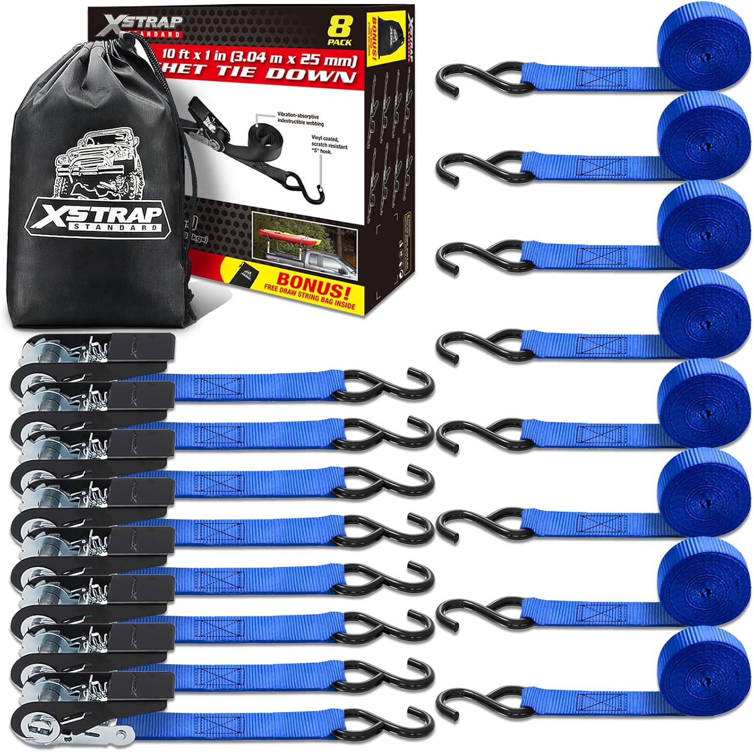 XSTRAP STANDARD 8-PK Ratchet Tie Down Straps, 1" x 10ft Cargo Strap, Yellow