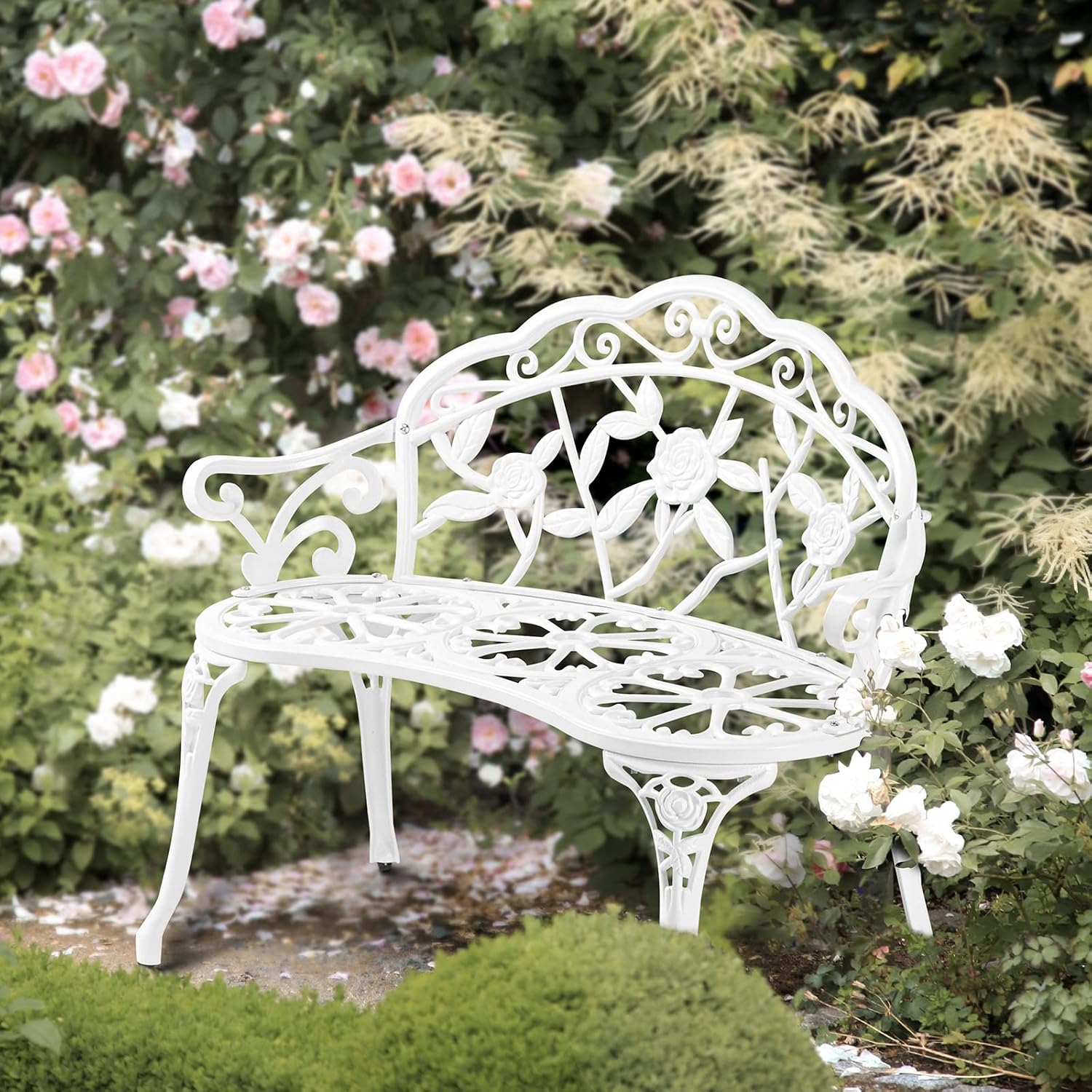 VINGLI 38.5" Patio Park Garden Outdoor Metal Rose Bench, 2-Person Cast Iron Cast Aluminium Frame Antique Finish Chair,Accented Lawn Front Porch Path Yard Decor Deck Furniture (Bronze, Rose)