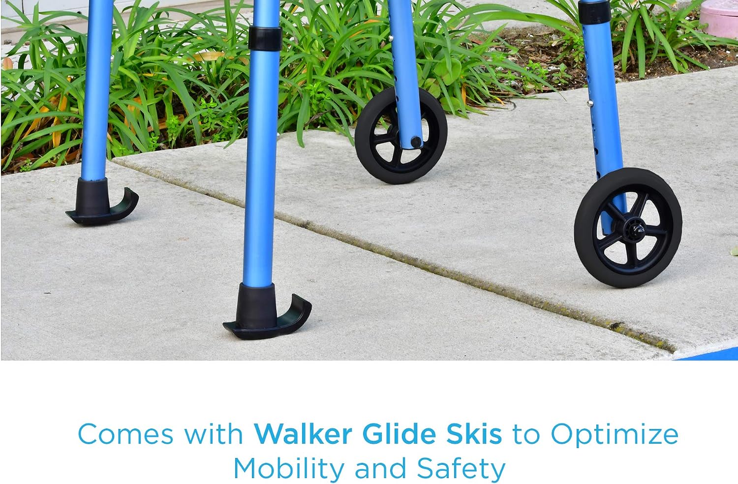 NOVA Medical Products Folding Walker with 5” Front Wheels, Glide Skis and Mobility Bag, Portable and Great for Travel, Blue