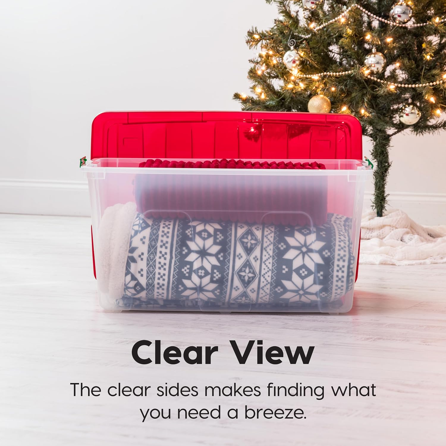 IRIS USA 2-Pack Holiday Ornament Storage Box with Attached Lid, Clear/Red