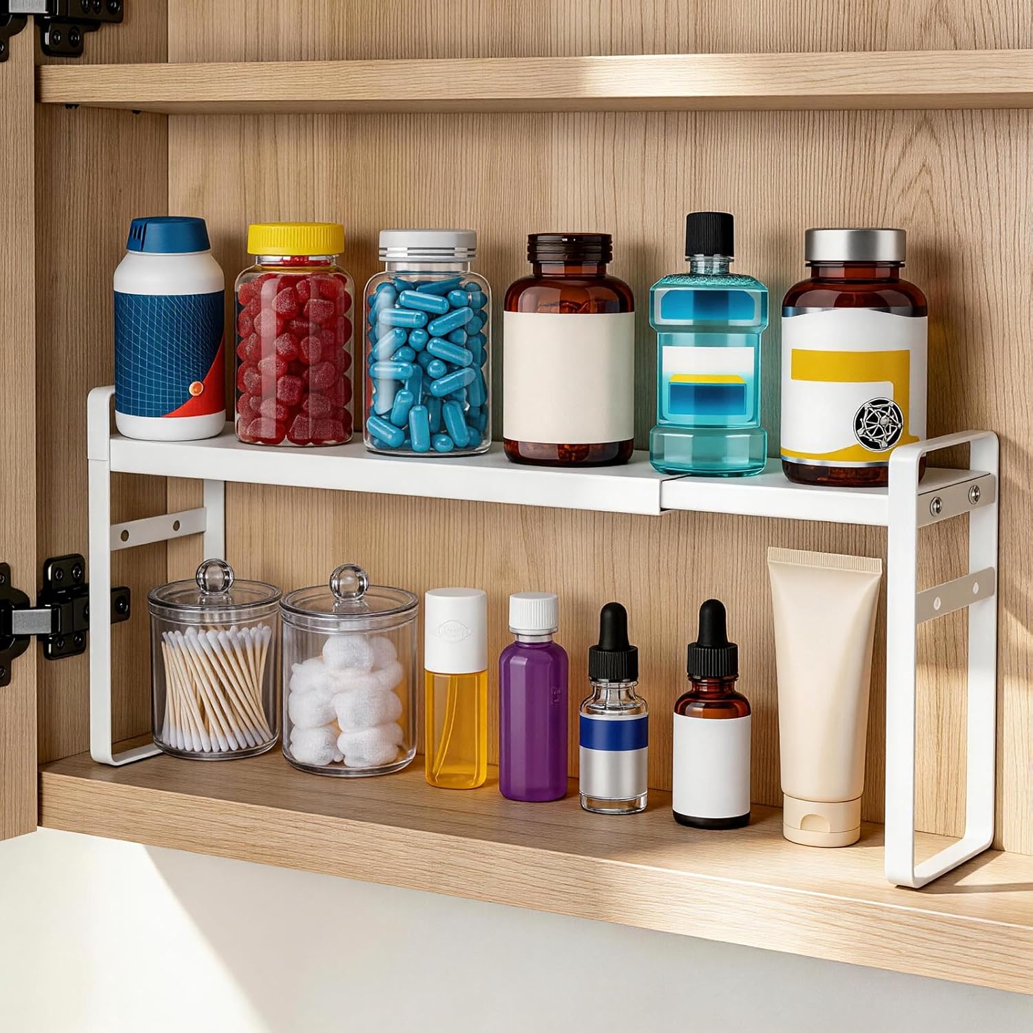 Medicine Cabinet Shelves, 3.58" Wide Metal Cabinet Shelf Organizer with Adjustable Tiers and Non-Slip Pads for Kitchen