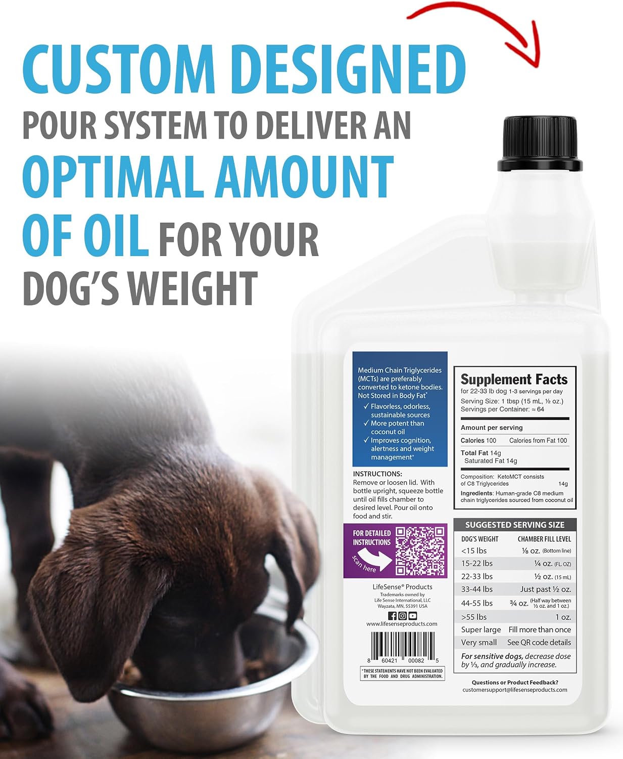 LifeSense C8 MCT Oil for Dogs | Sourced from Coconut Oil | Dog Optimal Fuel for The Brain and Body | Human Grade | Non-GMO| Keto-Friendly