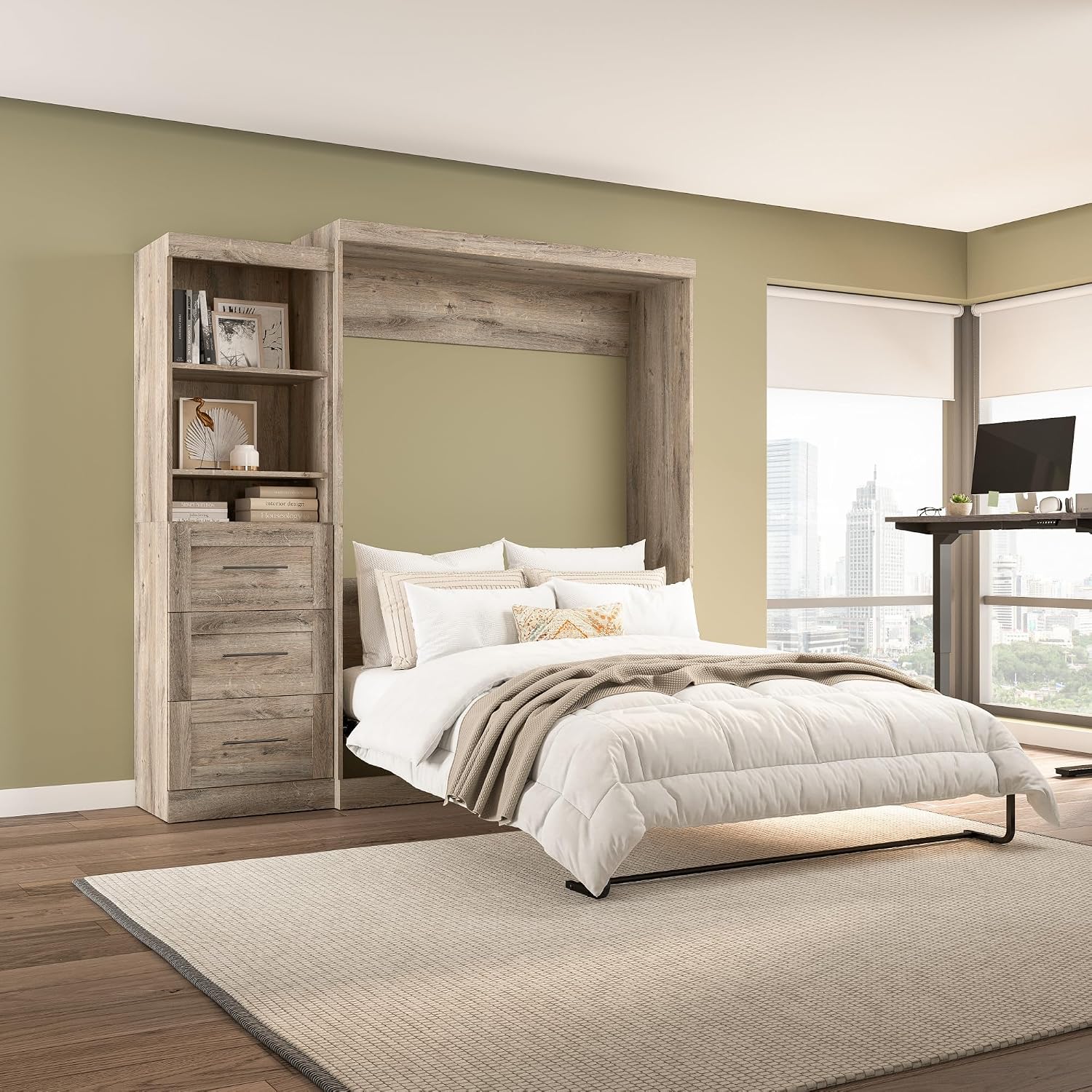 Bestar Pur Queen Murphy Bed, 65-inch Space-Saving Sleeping Arrangement for Multipurpose Area, Bedroom, Guest Room, or Living Room | Dual piston mechanism; for guest room or multipurpose space; Shaker-inspired trim with metal handles