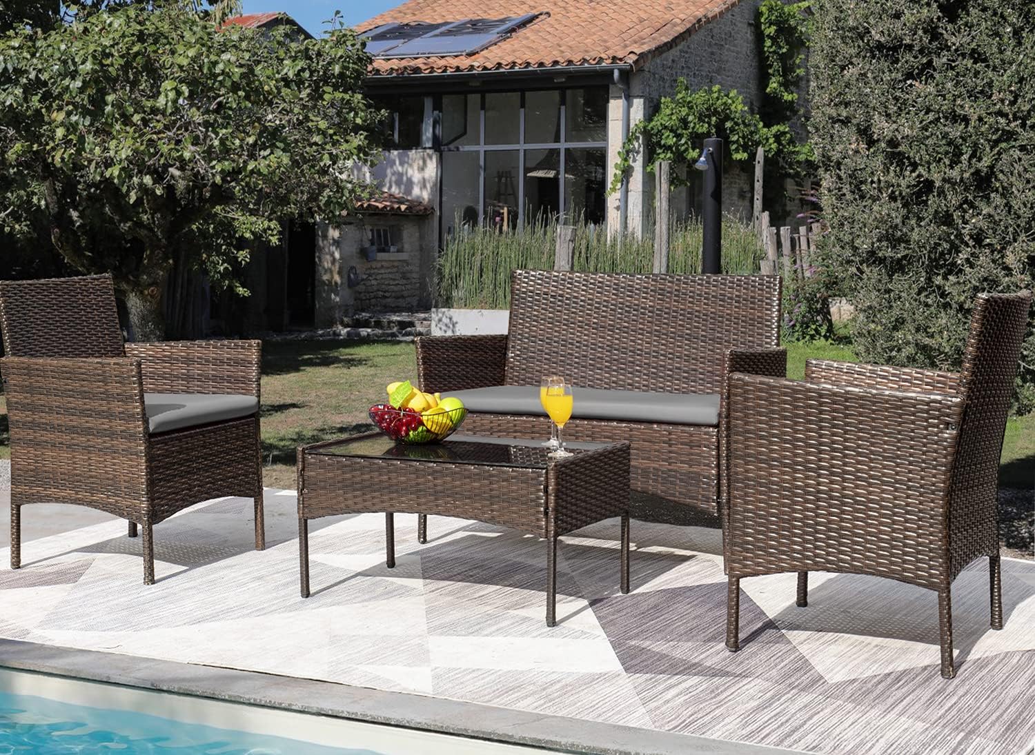 Greesum Patio Furniture 4 Pieces Conversation Sets,Brown and Beige