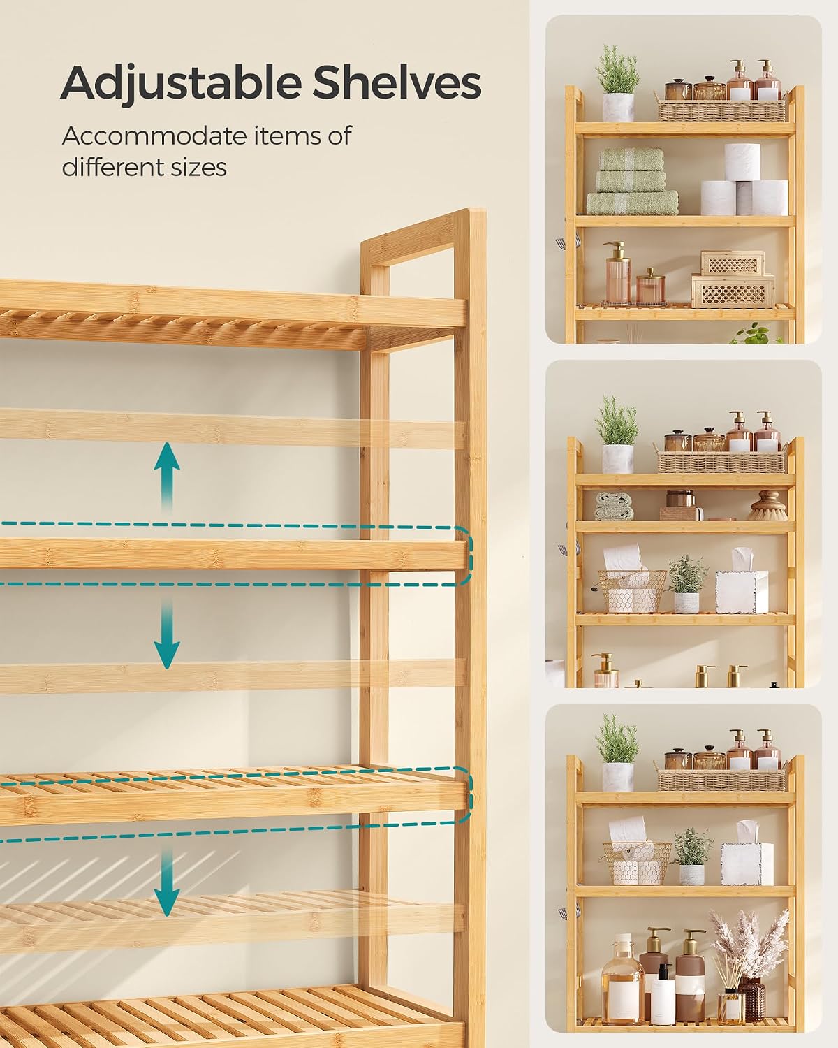 SONGMICS Over The Toilet Storage, 3-Tier Over Toilet Bathroom Organizer with Adjustable Shelf, 10.2 x 24.8 x 66.9 Inches, Space-Saving, Cloud White UBTS01WT