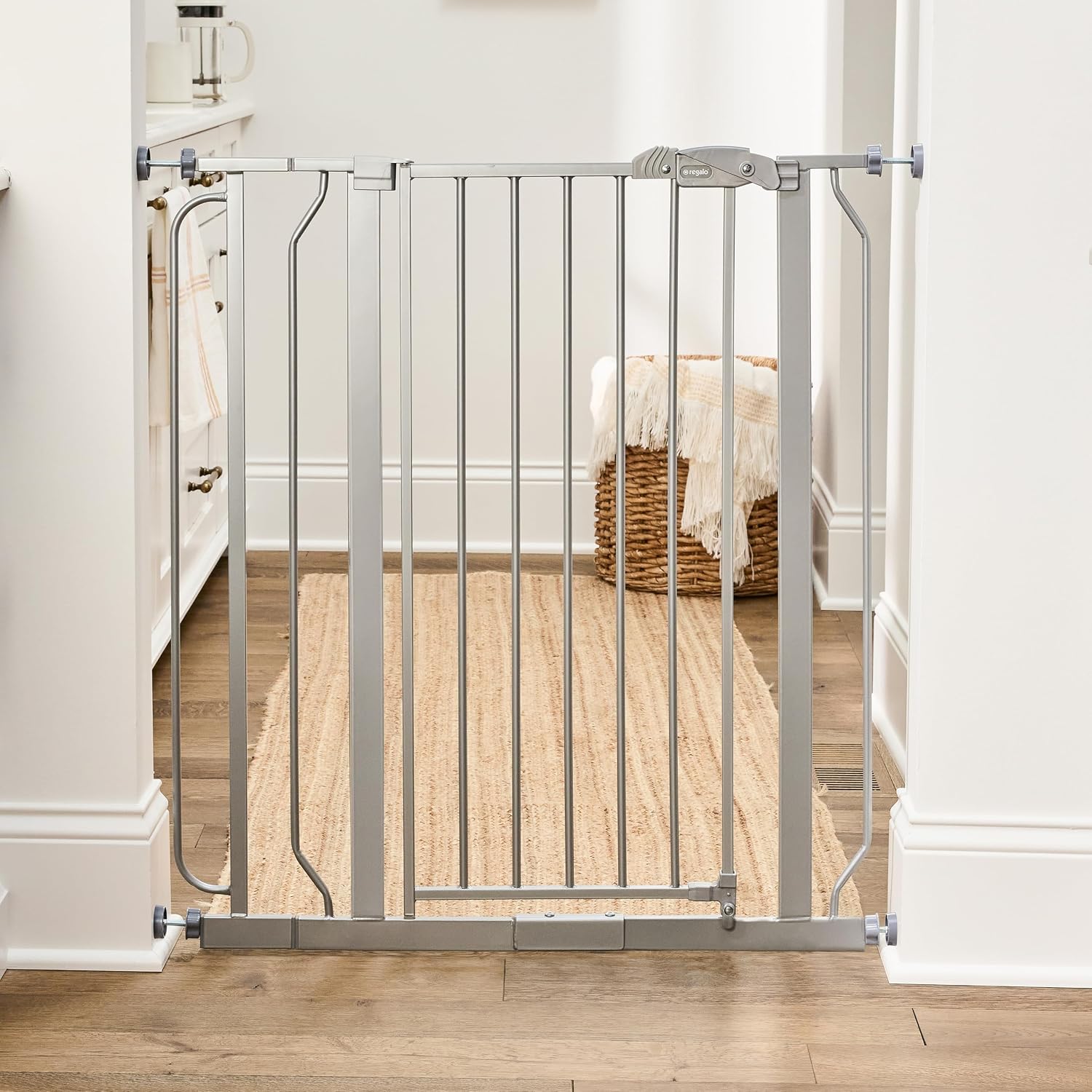 Regalo Safety 29"-49" Extra Wide Baby Gate, Bottom of Stairs & Doorways | Pressure Mounted with Door, For Babies, Toddlers & Pets, White, Tested & Trusted for 30 Years