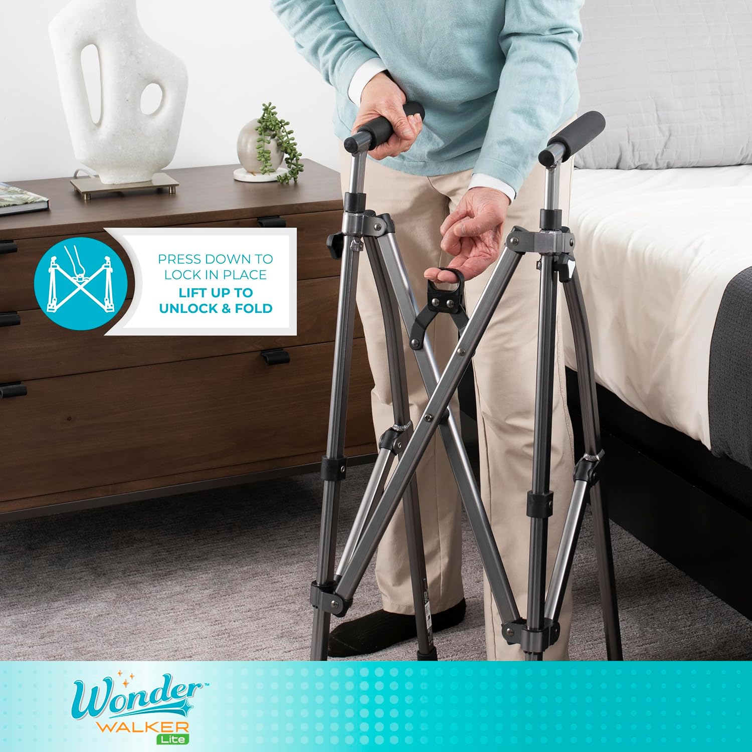 Stander Wonder Walker Lite, Lightweight Folding Mobility Aid for Adults, Seniors, and Elderly, Collapsible Travel Assistant with Rubber Feet for Support, Sport Red