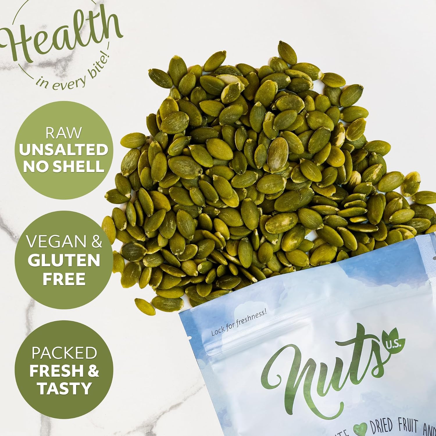NUTS U.S. - Pumpkin Seeds (Pepitas) | Raw and Unsalted | No Shell | AA GRADE | Vegan and Gluten Free | Packed in a Resealable Bag (1 LB)
