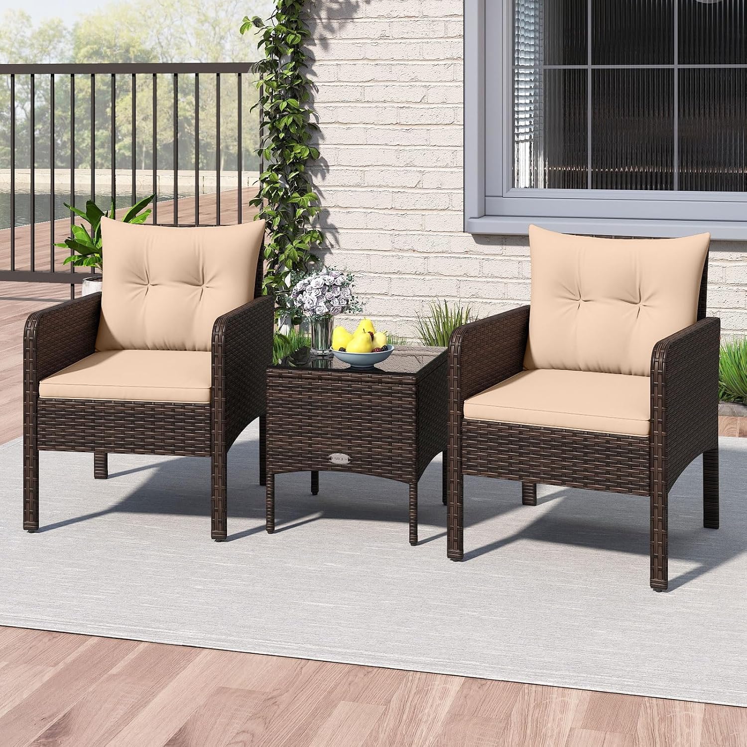 Tangkula 3 Piece Outdoor Patio Furniture Set, Wicker Chairs Set with Glass Top Coffee Table, Thick Cushions