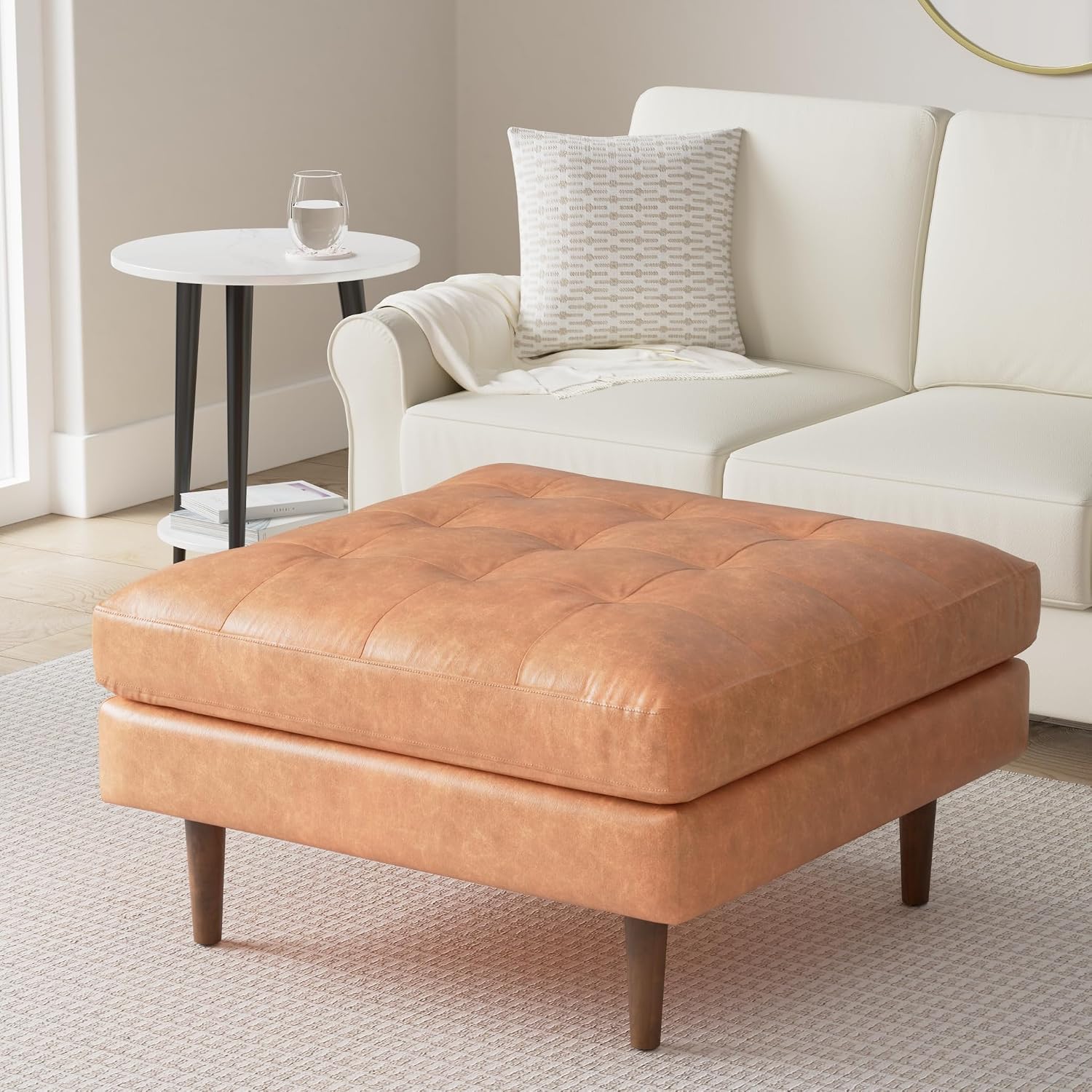 Poly & BARK 55" Tufted Leather Bed Bench for Bedroom End of Bed - Living Room Entry Way Bench - Pure Italian Leather Upholstery with a Solid Wood Frame - Ottoman Bench with Wooden Legs - Cognac Tan