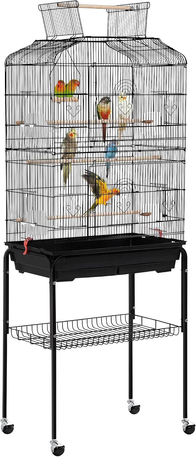 Yaheetech 64'' Open Top Bird Cage for Parakeets & Cockatiels, Black | Detachable Rolling Stand, Easy-clean Slide Tray, Multi-door Access, 3/8" Bar Spacing, Indoor/Outdoor Use