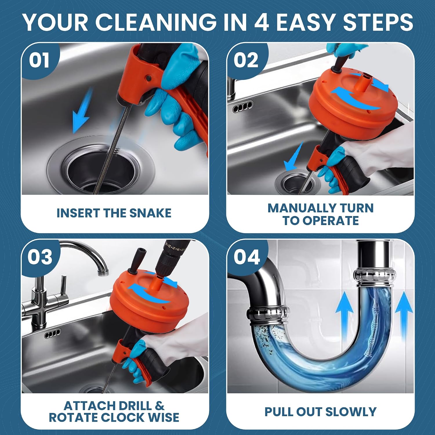 Drain Auger 50 Ft with Drill Attachment, Drain Snake Clog Remover Kit | Includes Gloves, Glasses, Brushes