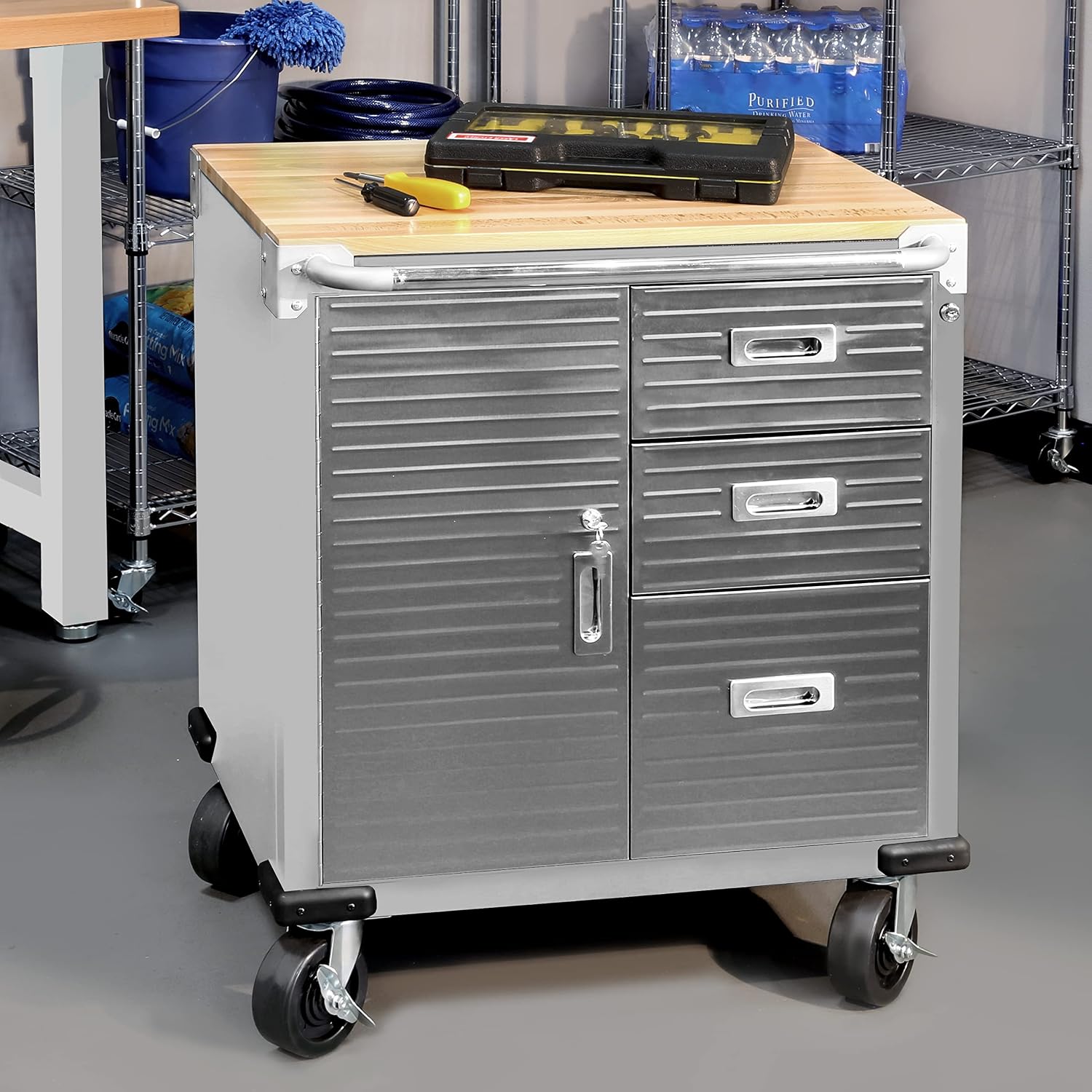 Seville Classics UltraHD Heavy Duty Rolling Cabinet Workbench Table w/Solid Wood Top, Workstation for Garage, Office, Workshop, Granite, 6-Drawer (28" W x 18" D