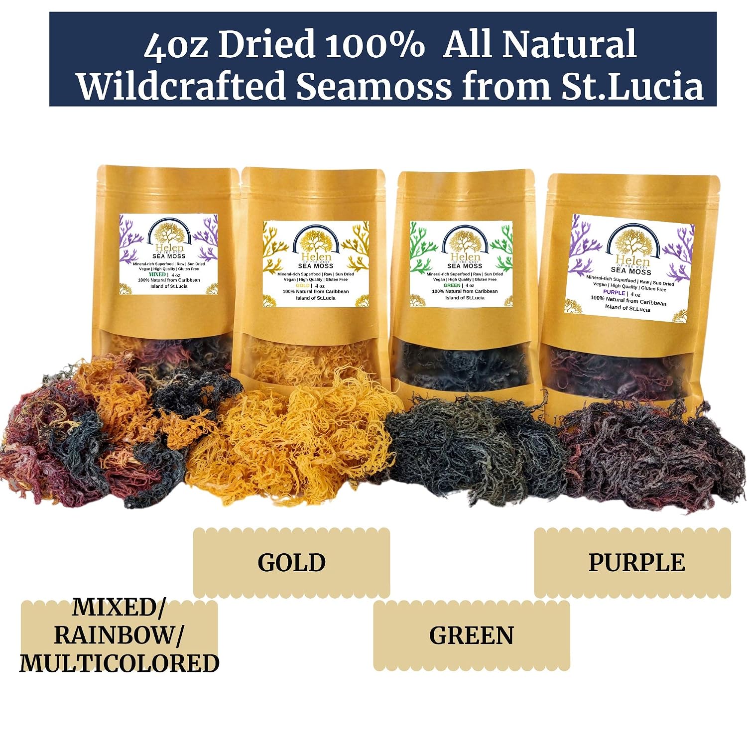 Wildcrafted Sea Moss | Gold - Purple - Green - Mixed | 100% Natural Irish Moss from St.Lucia | Mineral-Rich Superfood | 8oz Sun-Dried Moss | NO