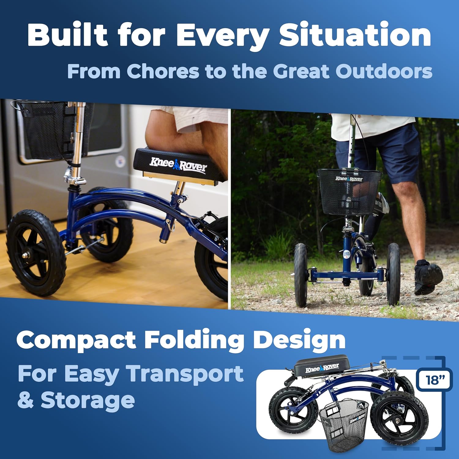 KneeRover Original Steerable All Terrain Knee Scooter – Heavy Duty Foldable Knee Walker & Mobility Aid for Adults with Adjustable Handlebar and Large Wheels (Blue) | For Adults for Foot Surgery, Heavy Duty Knee Walker for Broken Ankle Foot Injuries Recov…