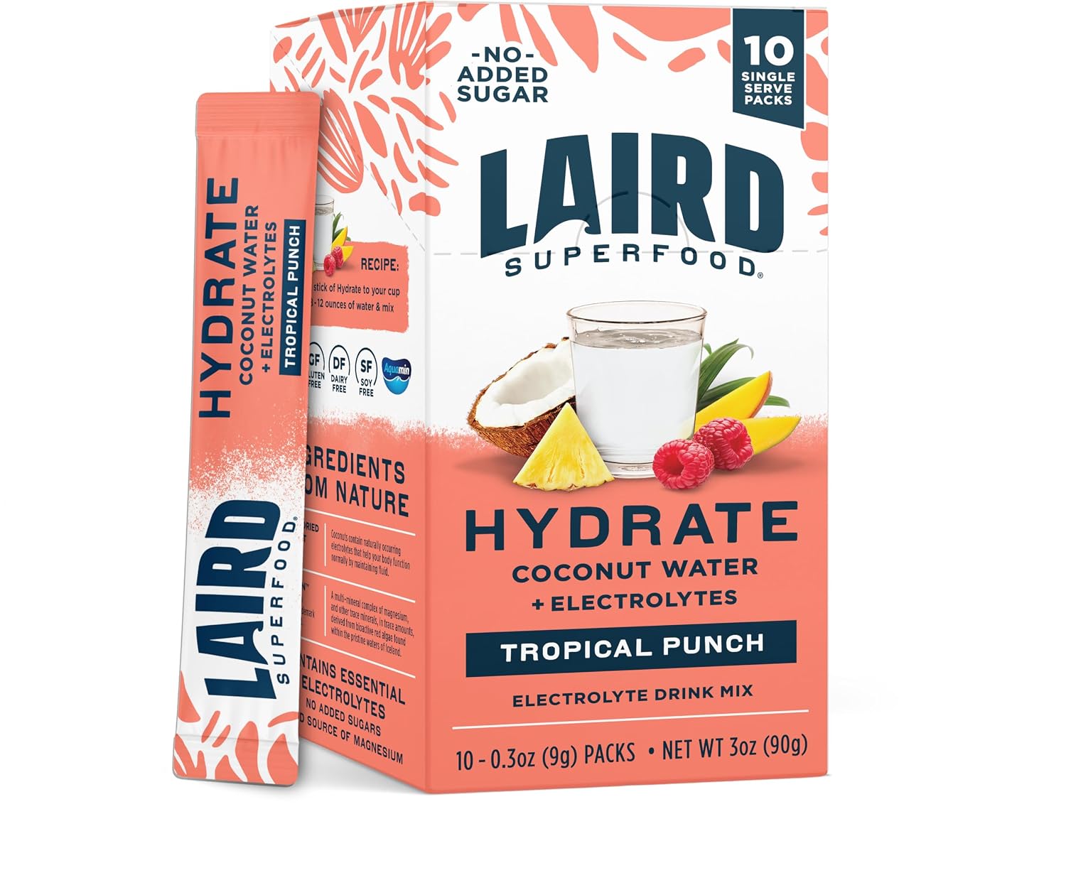 Laird Superfood HYDRATE Coconut Water Powder Drink Supplement with Coconut Water and Auqamin, All Natural, No Added Sugars, Gluten-Free, Non-GMO, Vegan, 8 oz. Bag, Pack of 1