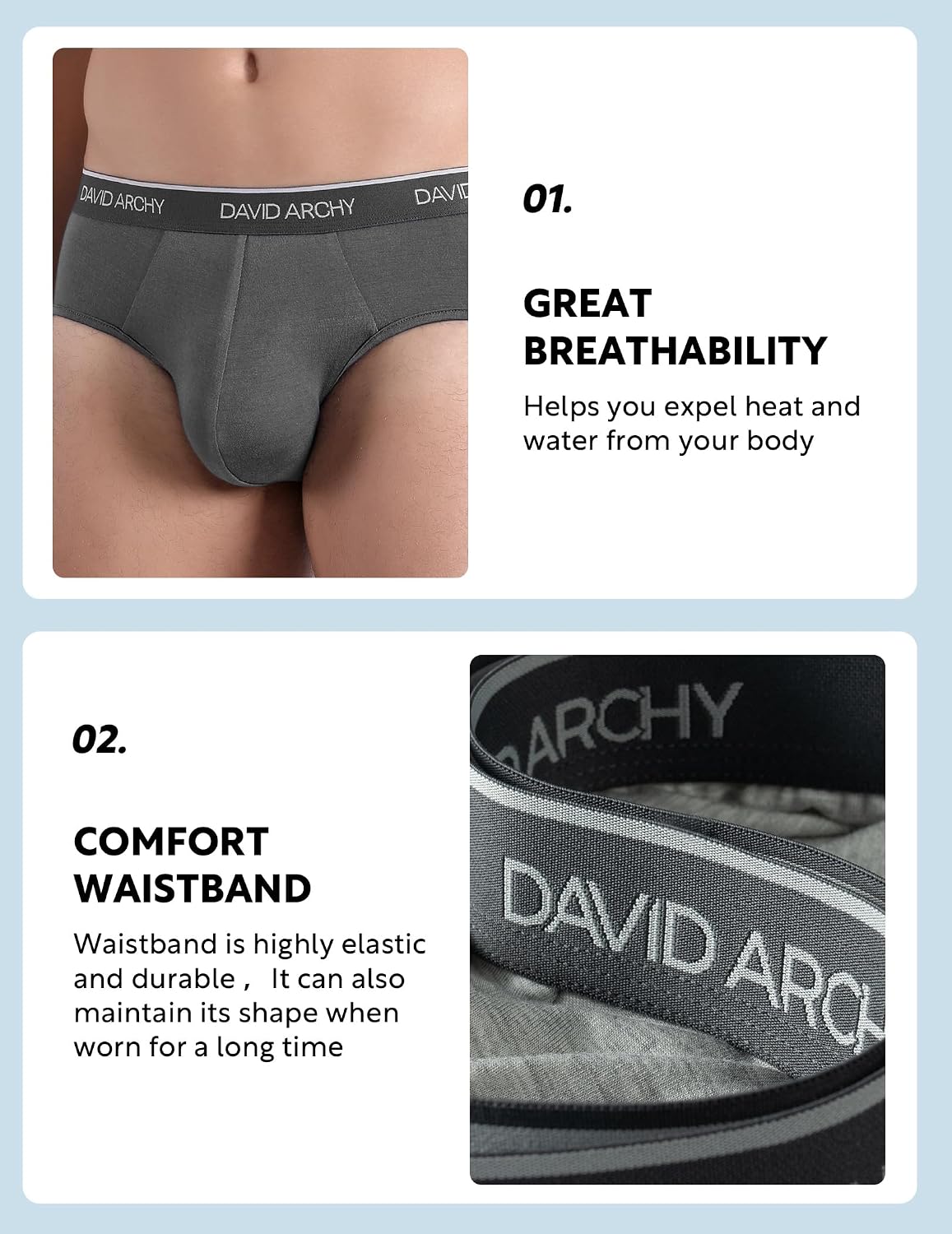 DAVID ARCHY Men's Breathable Support Pouch Underwear Briefs 4 or 7 Pack | Cooling moisture-wicking no-fly Rayon made from bamboo features anti-roll elastic waistbands and vibrant fade resistance.