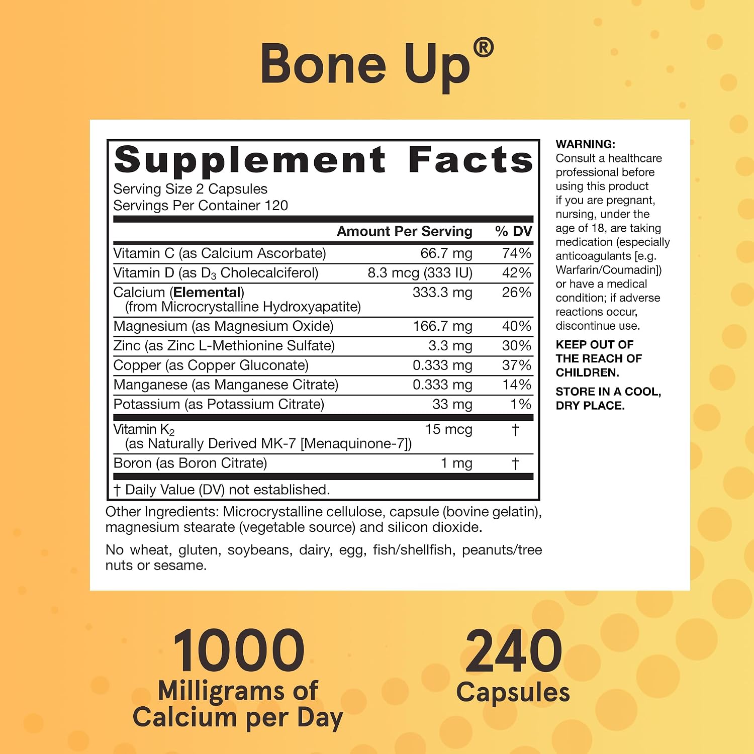 Jarrow Formulas BoneUp, 1,000mg Calcium Per Day, 240 Capsules | Bone Density Support, MCHA Calcium, Vitamins D3 & K2, Provides Skeletal Nutrition, Strong Bone Support, 40 Day Supply